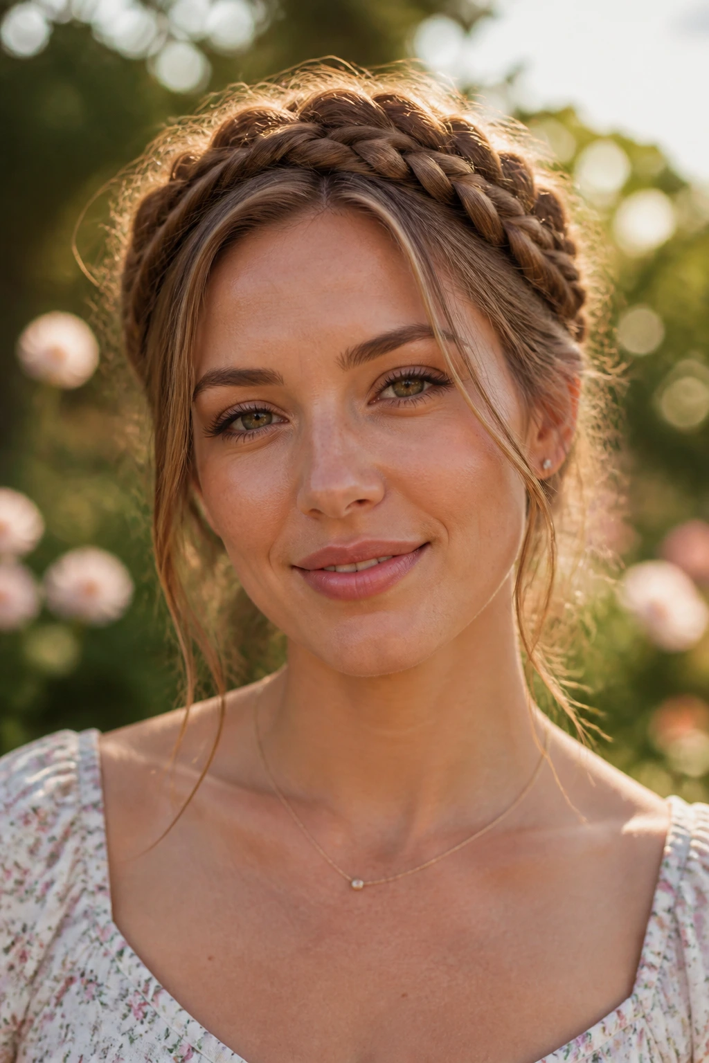 Close-up of a real woman wearing a double-braided crown