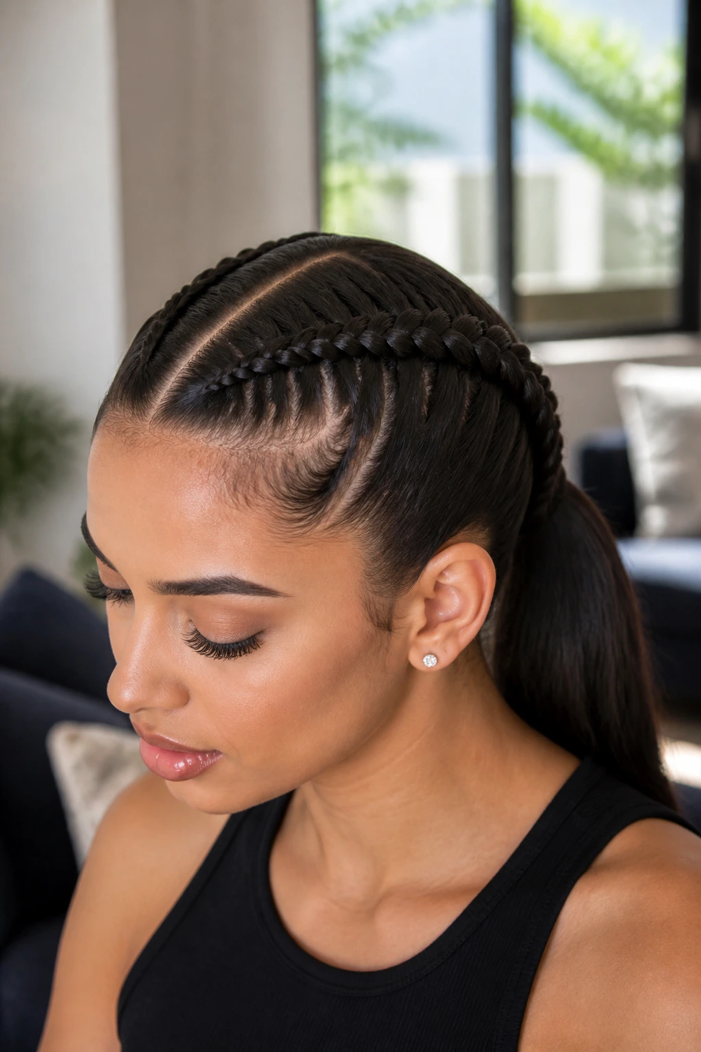Close-up of two Dutch braids framing the face into a ponytail