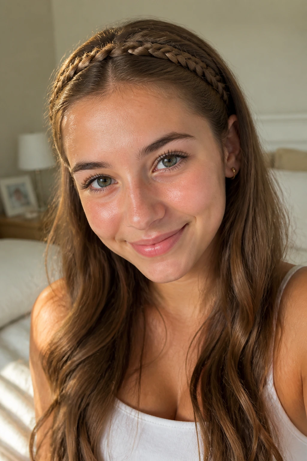 Close-up of a real person wearing a double-braided headband hairstyle