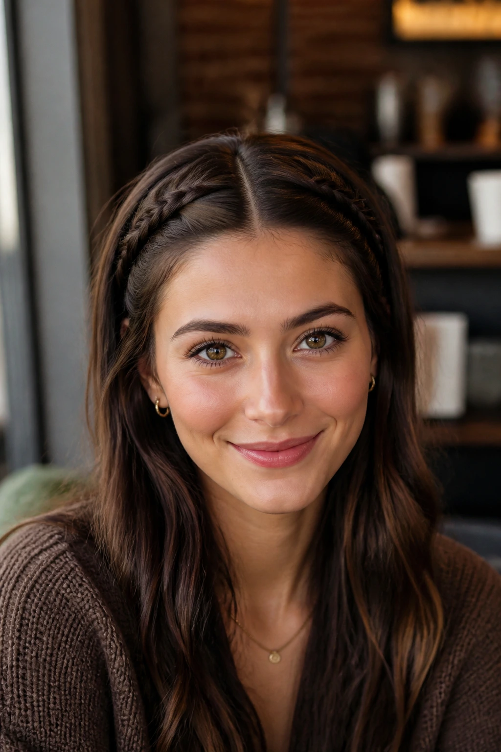 Front view of double braided headband hairstyle on a real person.