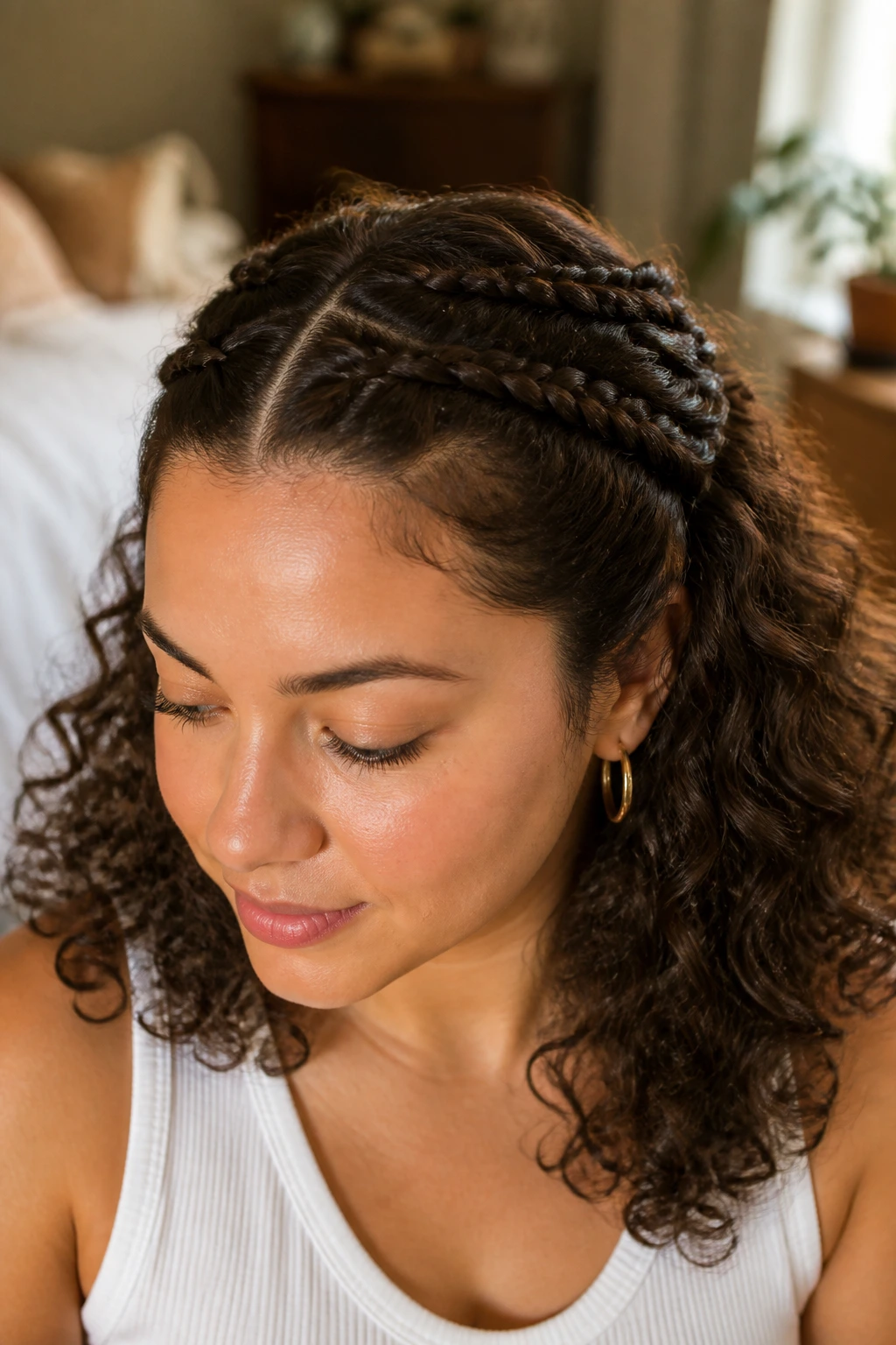 Close-up of a real woman with a double braided headband and loose curls at back