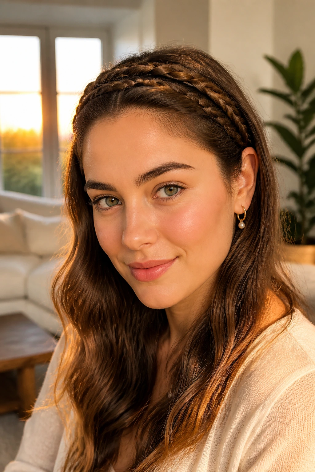 Close-up of a real woman with two parallel front braids forming a double braided headband