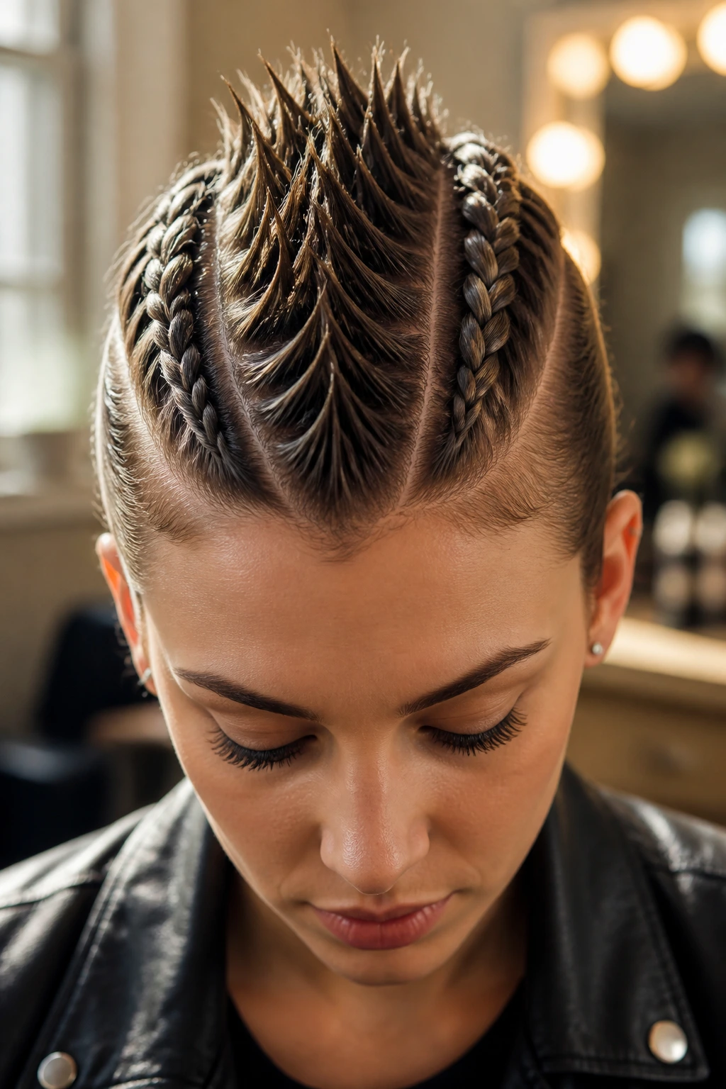 Close-up portrait showing two French braids with a central spiked mohawk on a real person.