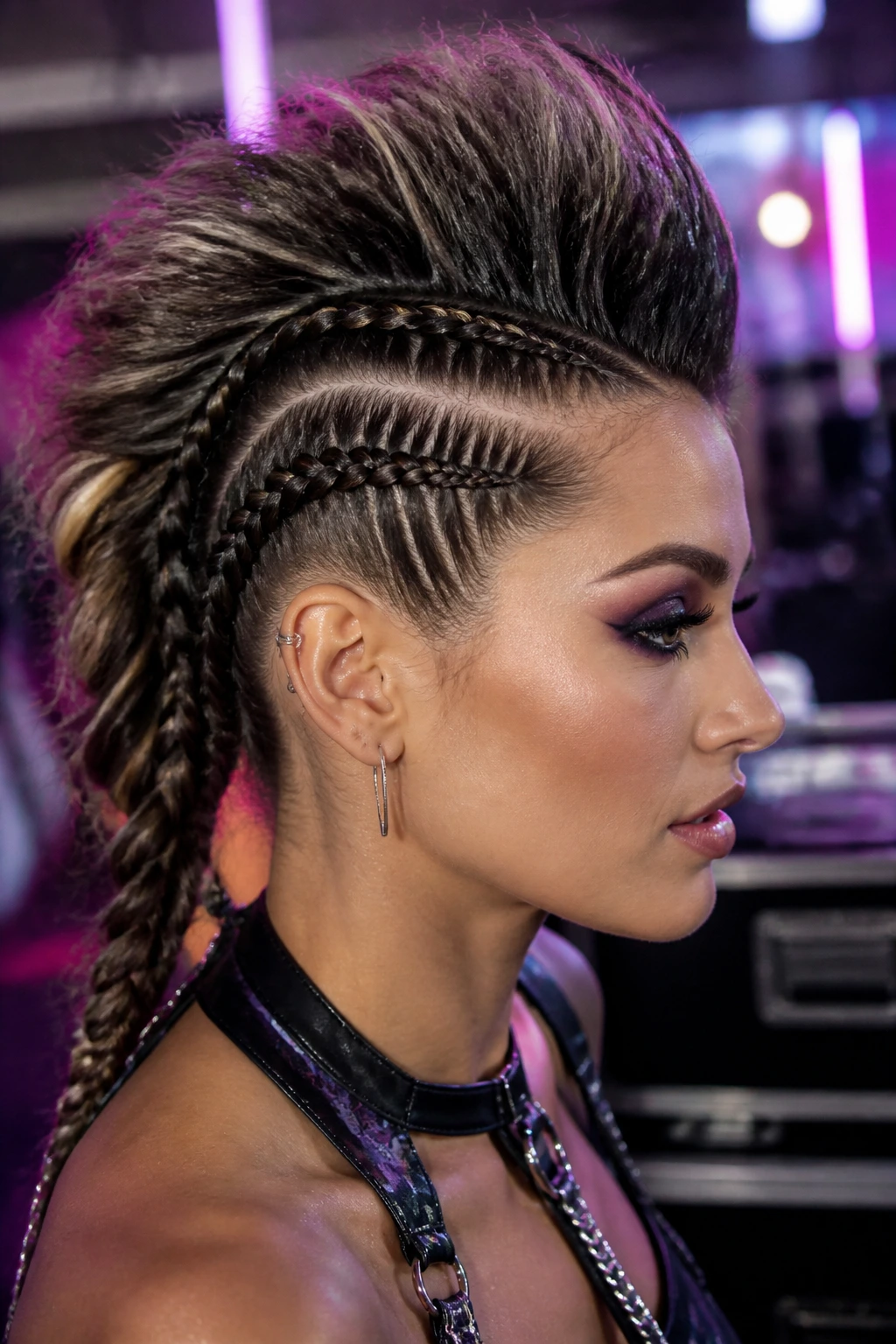 Close-up of a real person with a double-braided mohawk, festival neon lighting