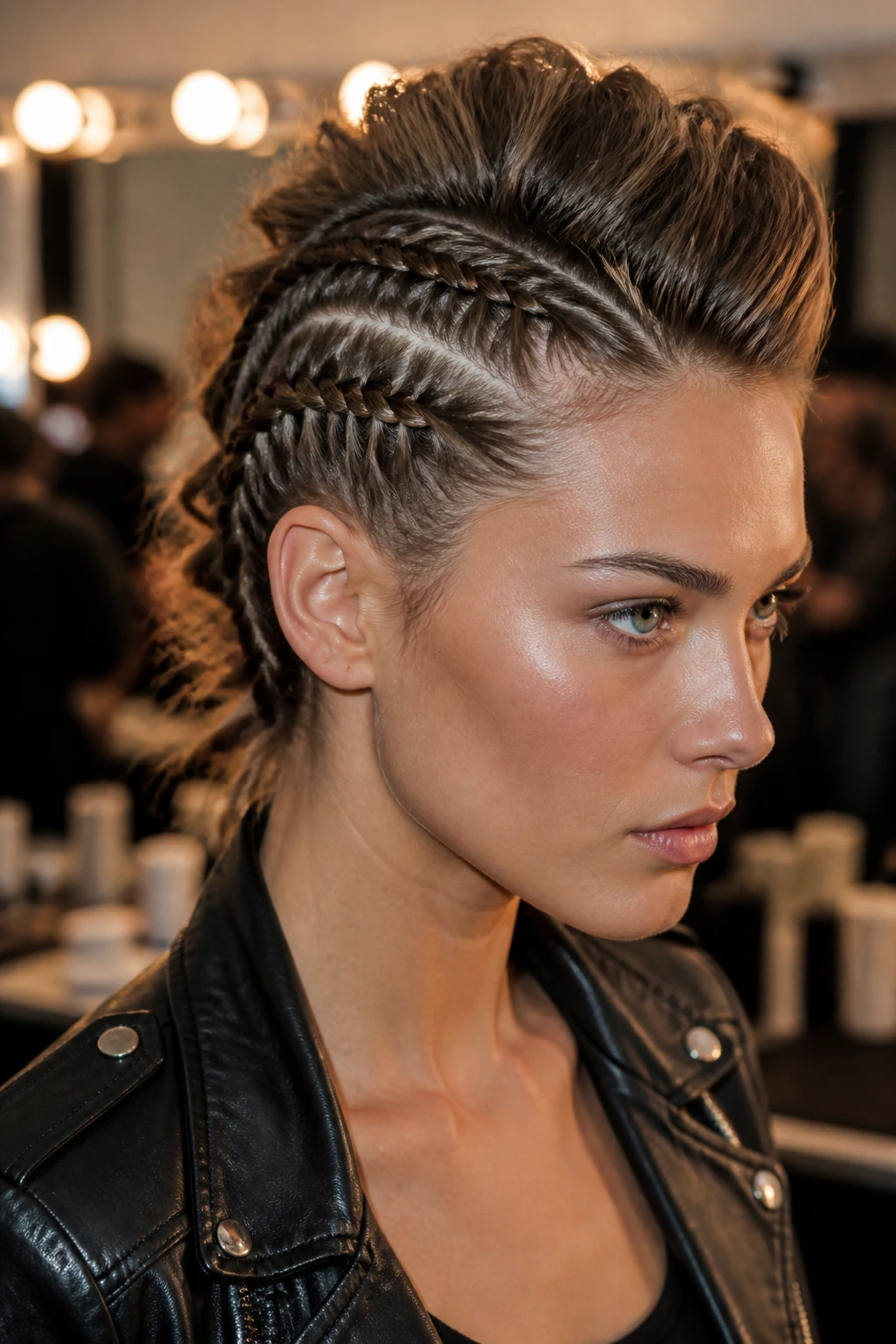 Real woman with two tight French braids creating a mohawk style
