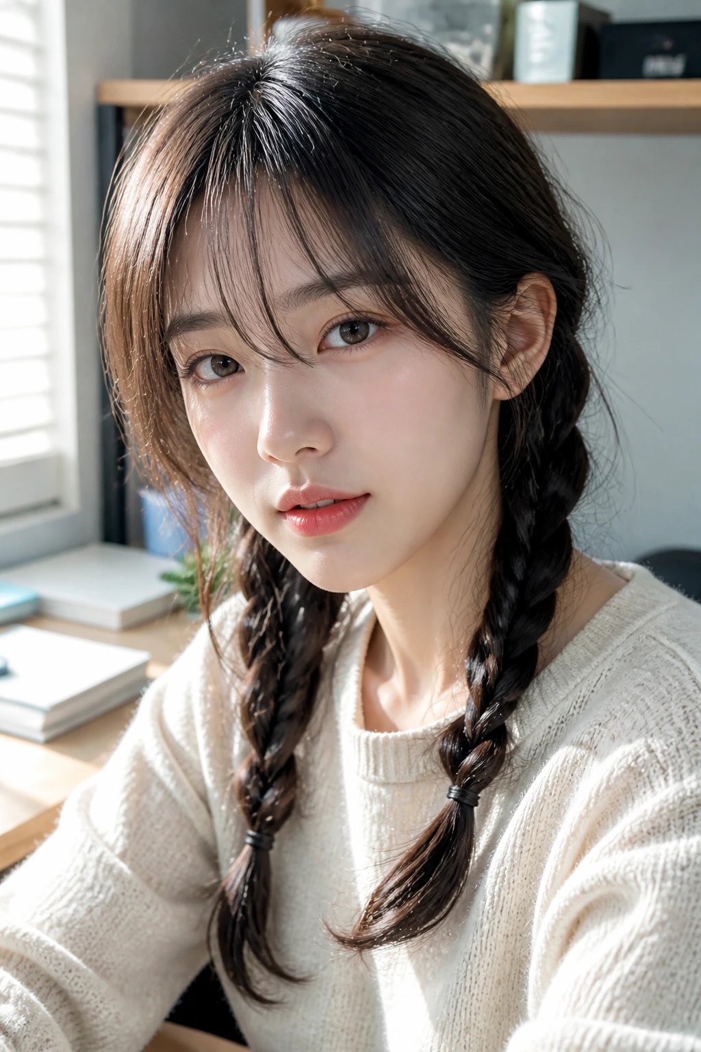 Close-up of a real woman with double braided pigtails and wispy bangs