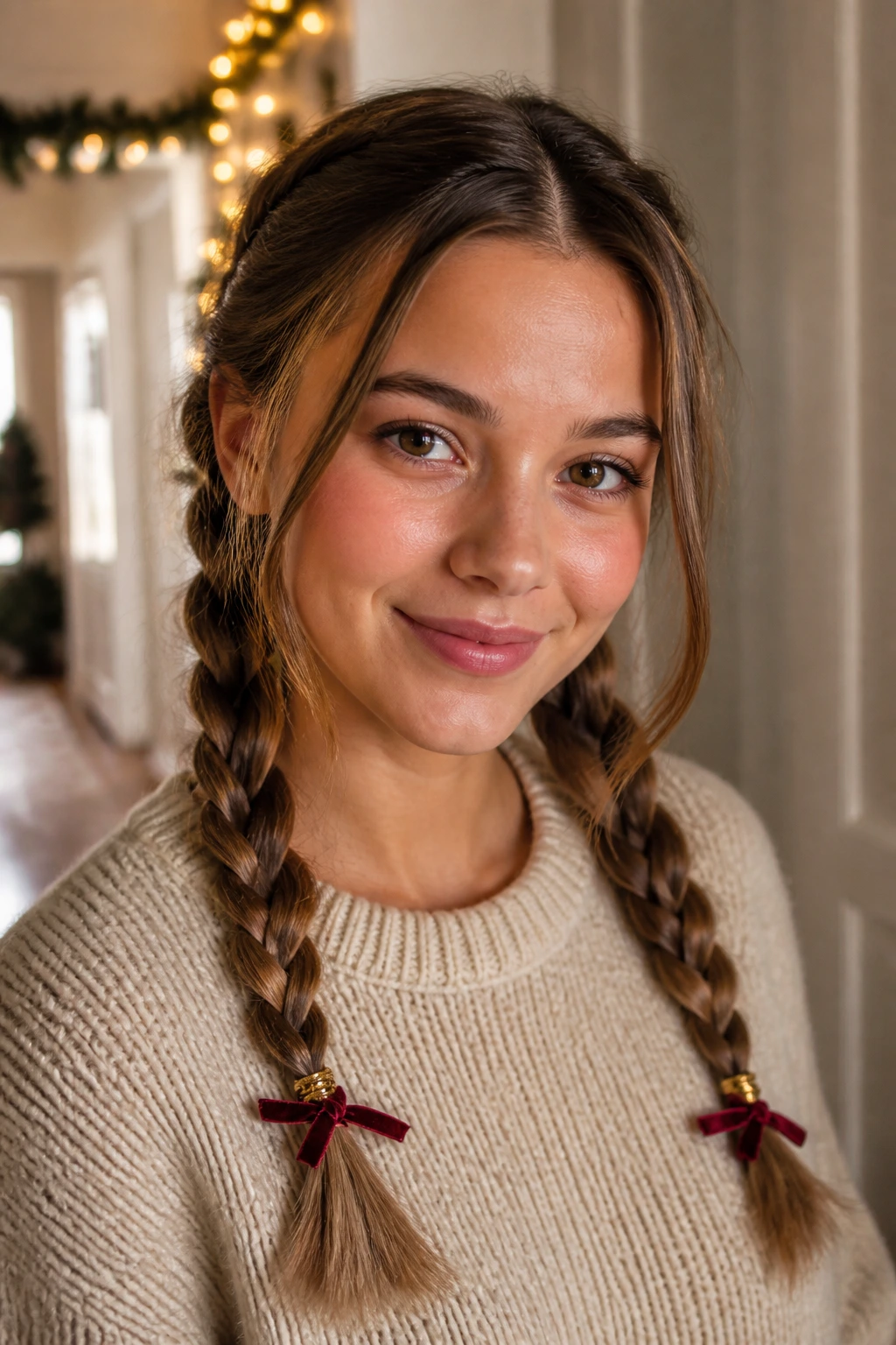 Real woman with two loose braided pigtails and hair ribbons.