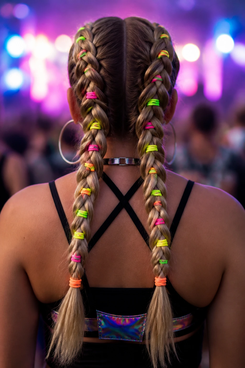 Back view of woman with double Dutch braids and neon ties