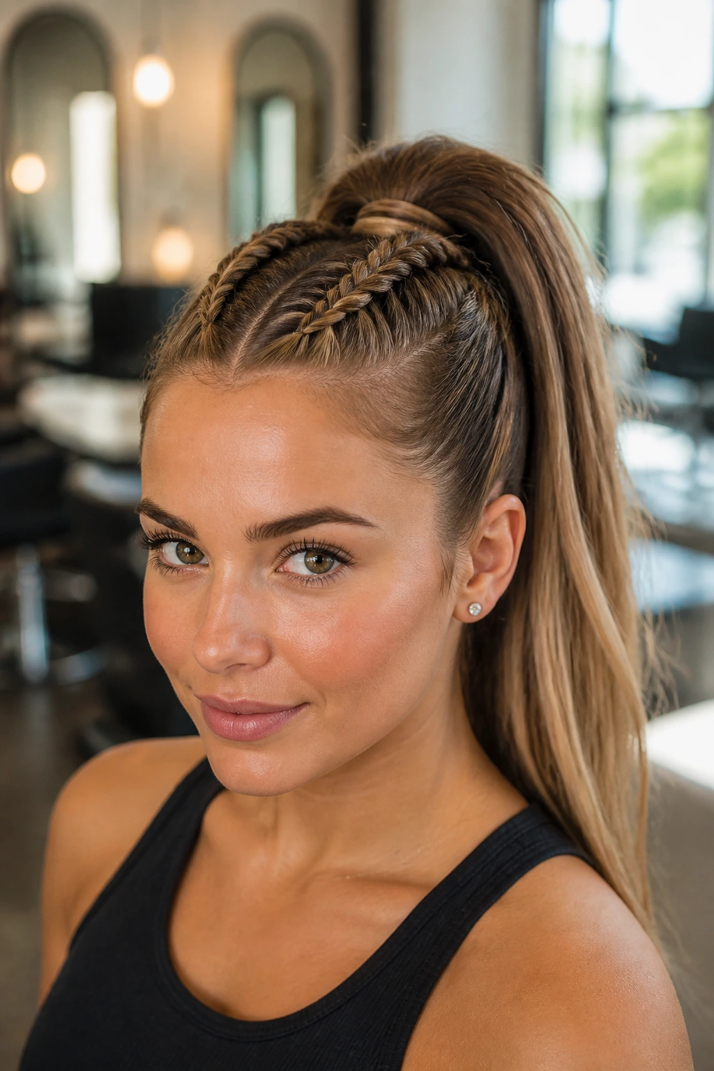 Close-up of a real woman with two Dutch braids feeding into a high ponytail