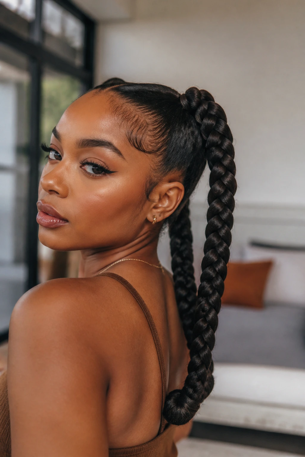 Close-up of a real woman showing two tight braided ponytails interwoven and wrapped ends
