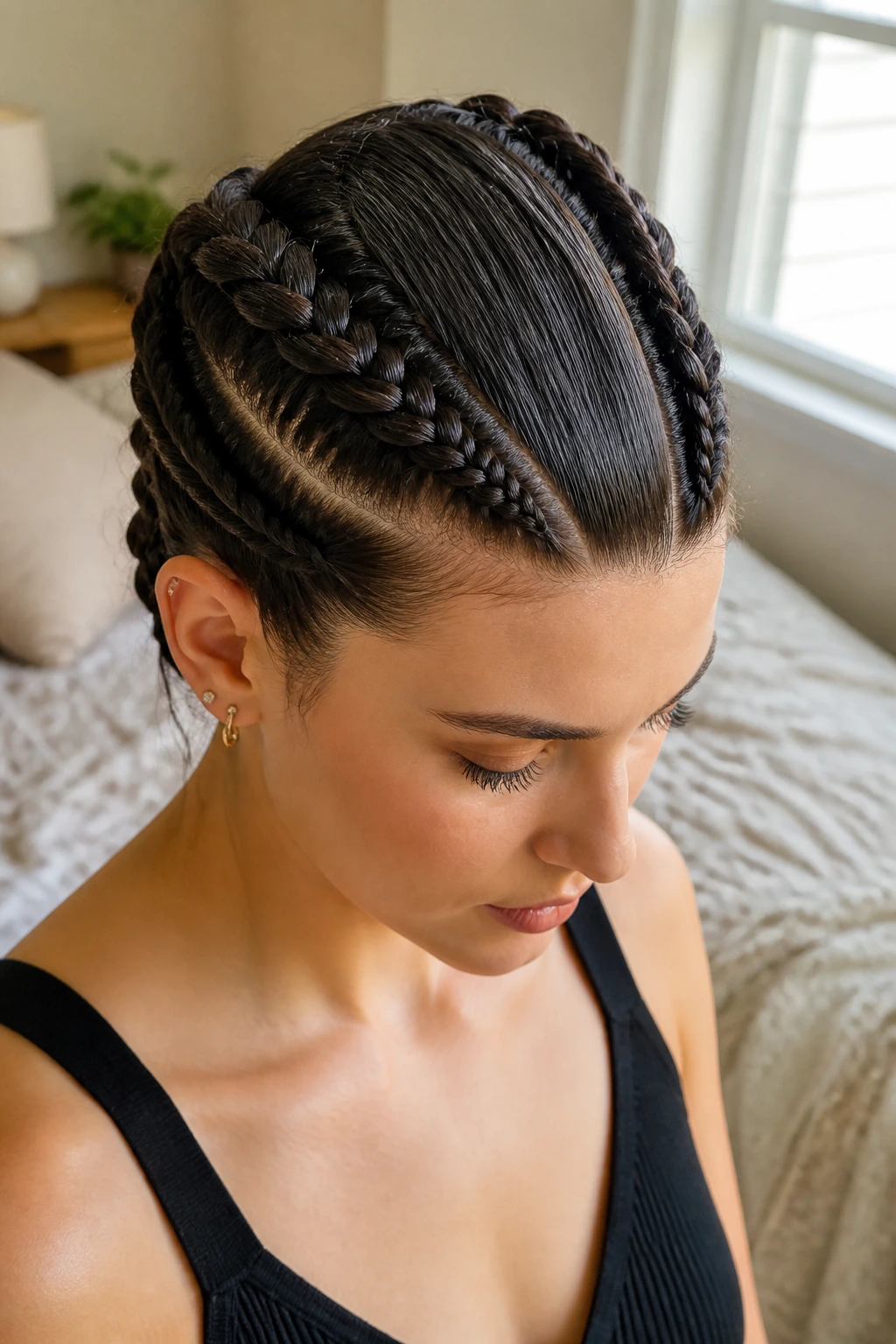 Close-up of real person with two side Dutch braids and center straight hair