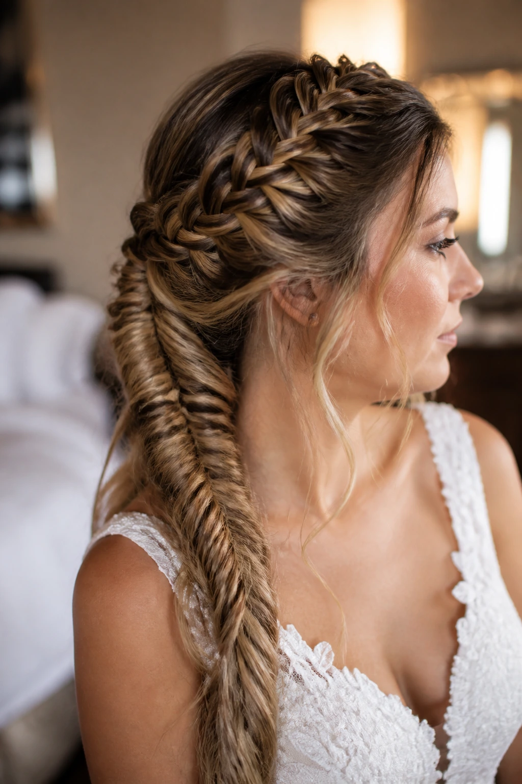 Close-up of a real bride showing a crown Dutch braid with a side fishtail.