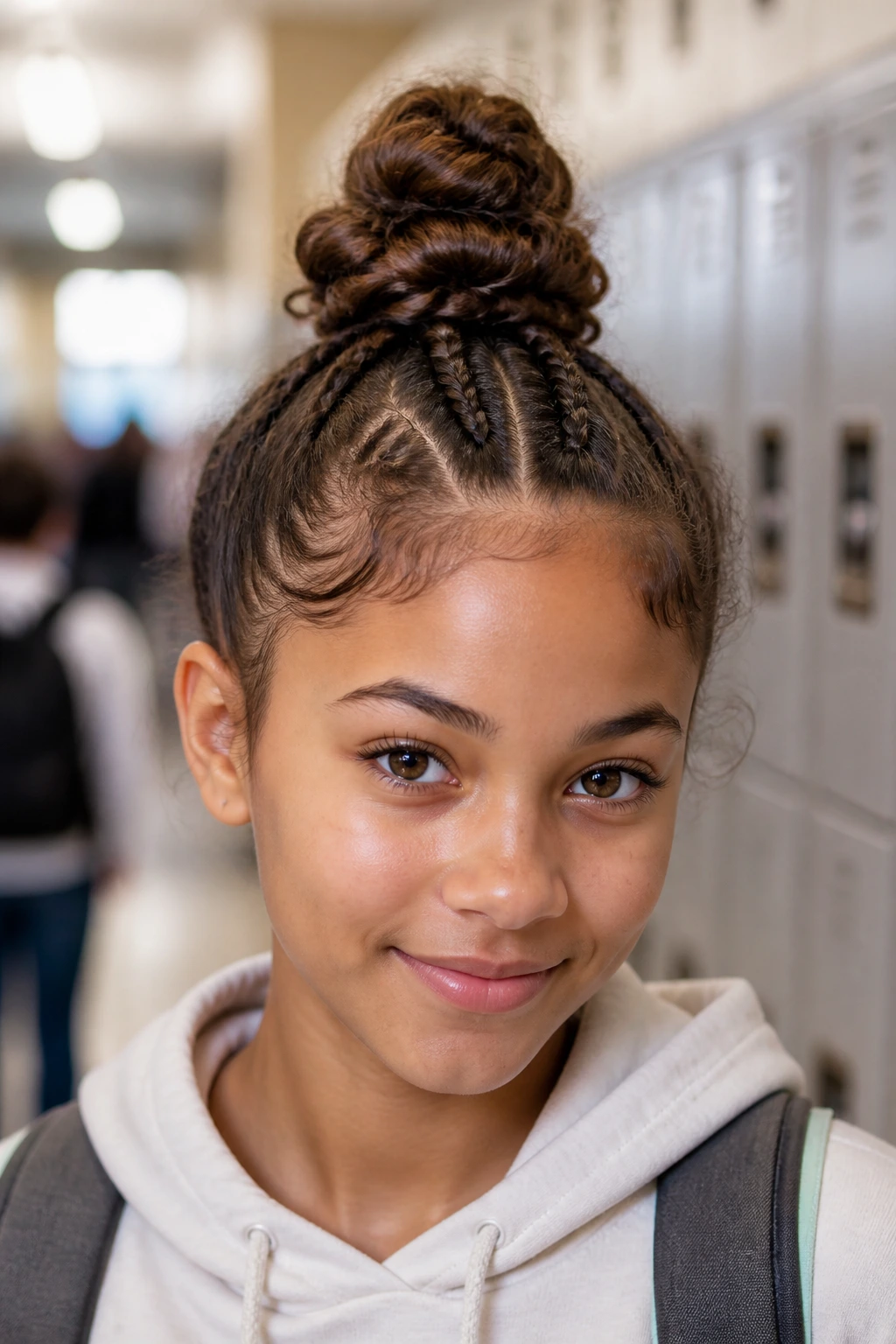 Close-up of a real person with two small braids forming a top knot.