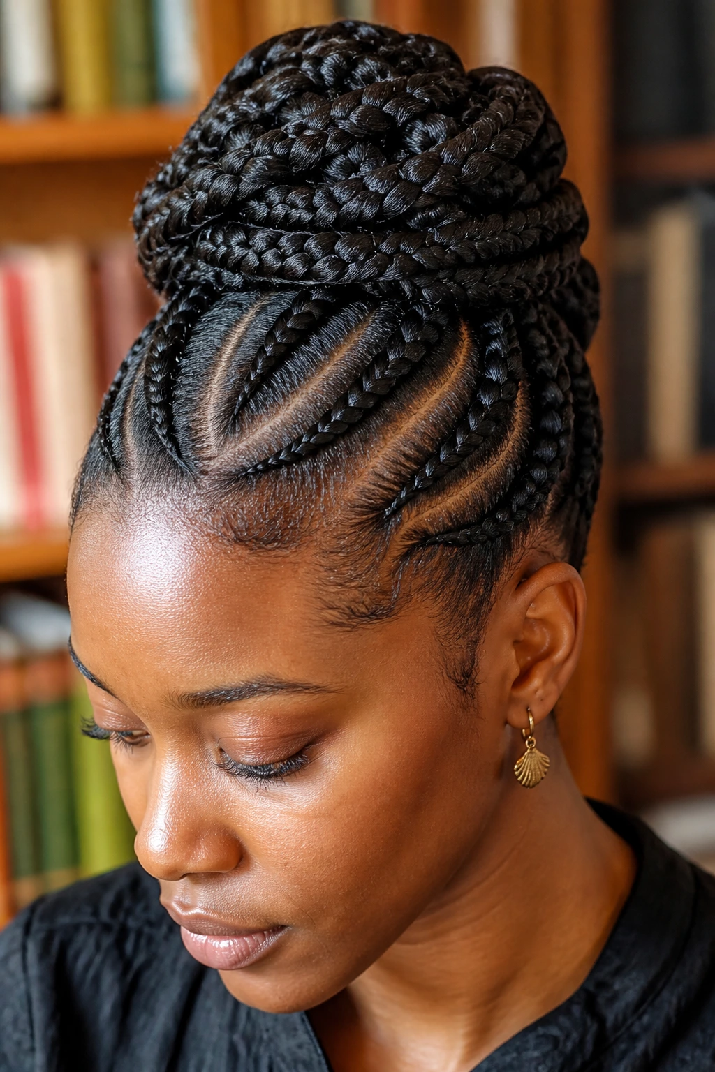 Portrait of a woman with two tight braids forming a lattice updo in a library setting.