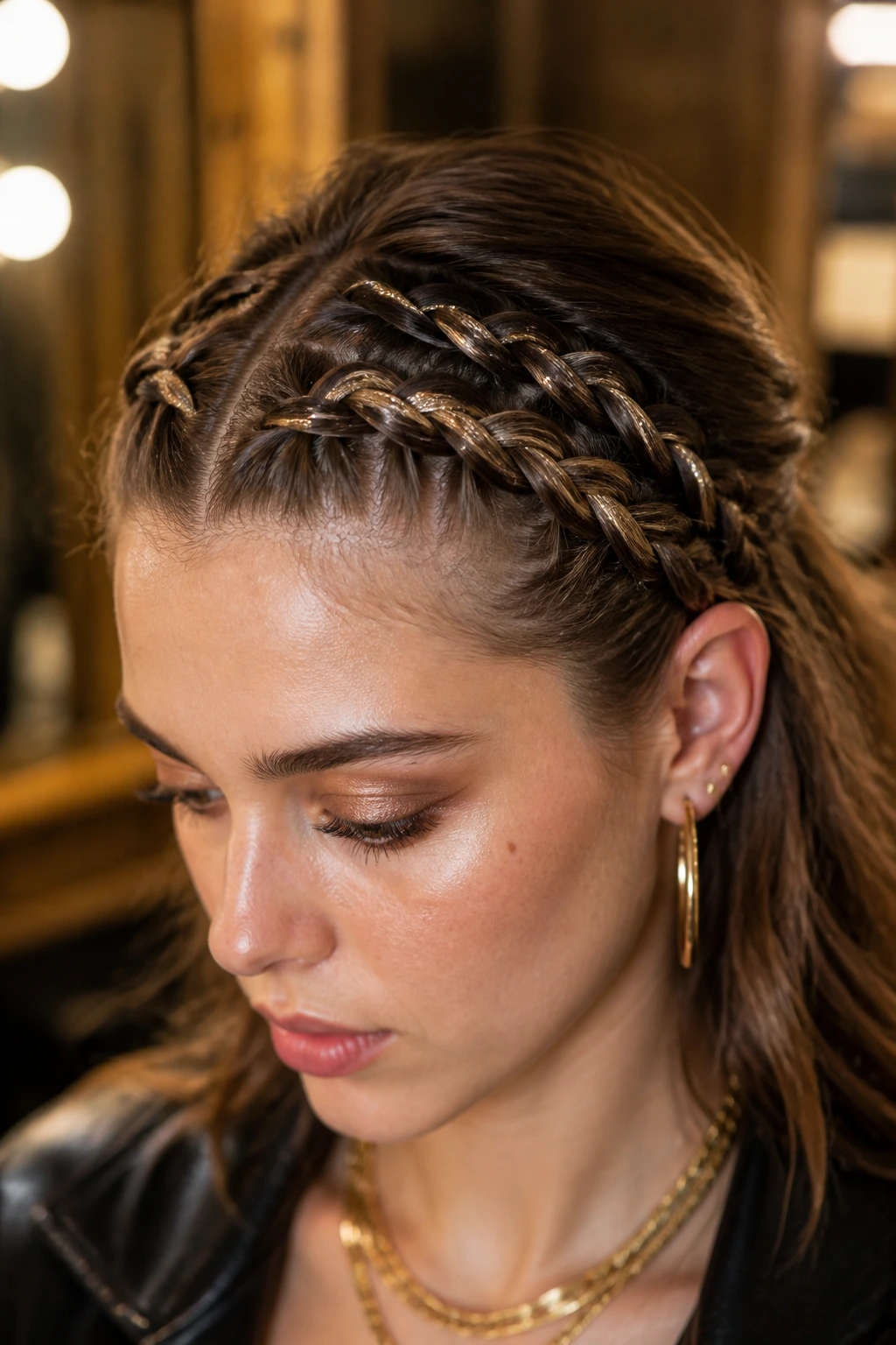 Real person with two front Dutch braids forming a headband with metallic thread.