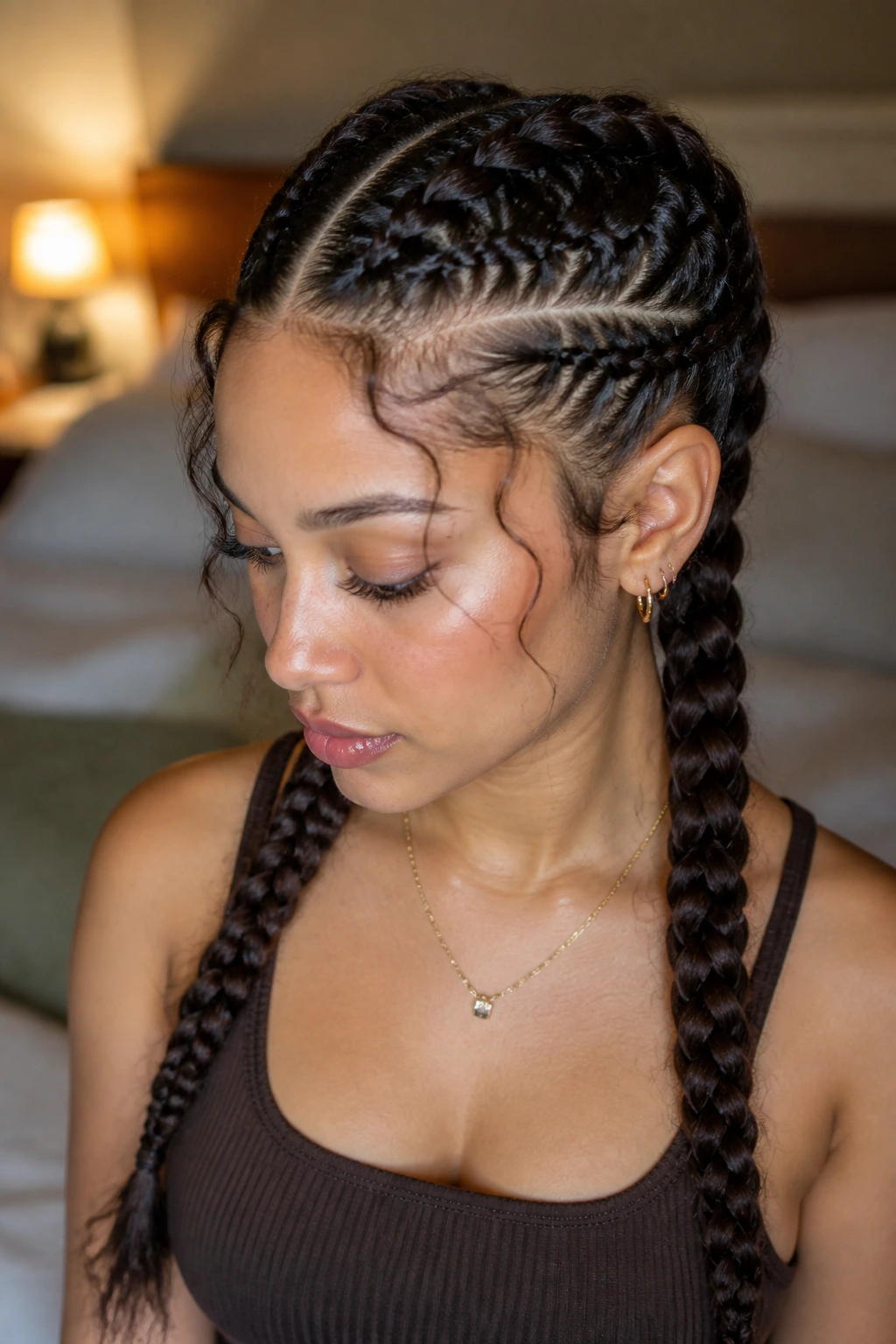 Close-up of real person with double braids featuring hidden curved parts