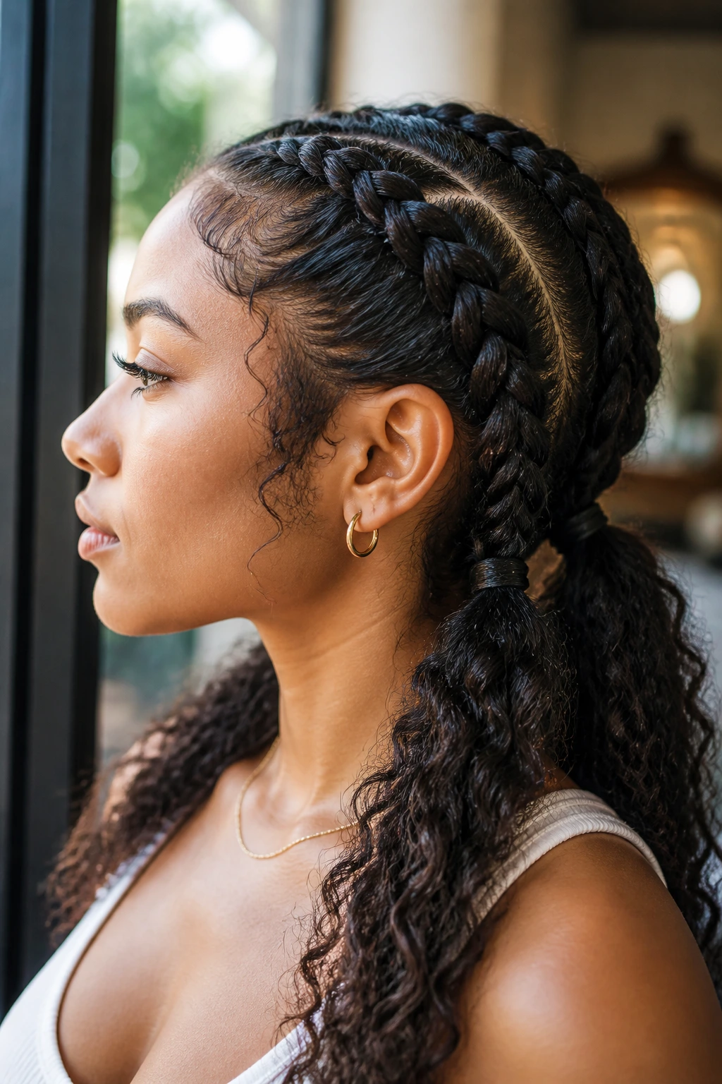 Side-profile of real person with double braids turning into low ponytails