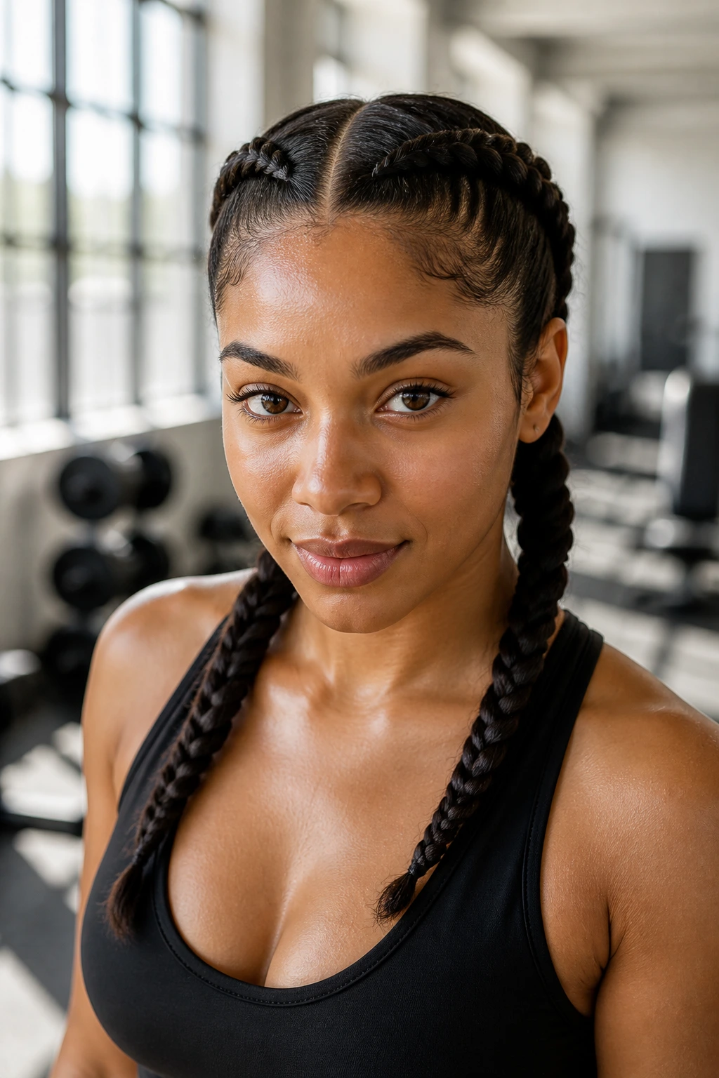 Real woman with double braids pigtails in gym light