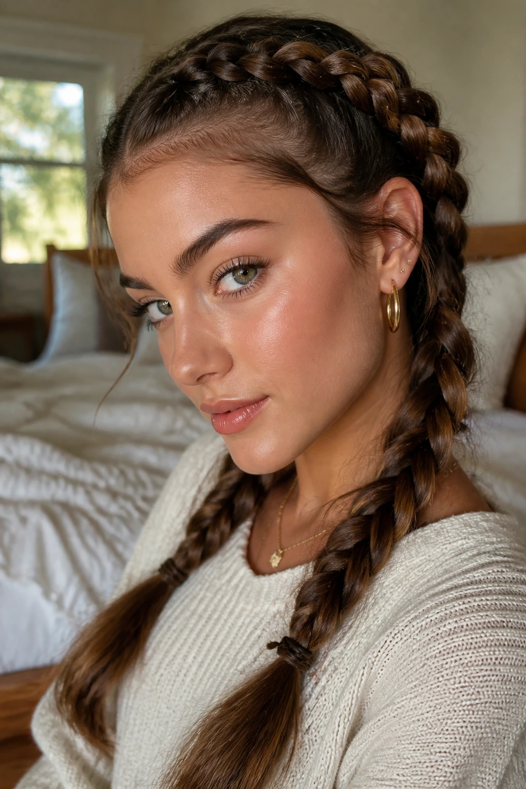 Close-up of a real woman with double-braided pigtail wraps in a softly lit bedroom
