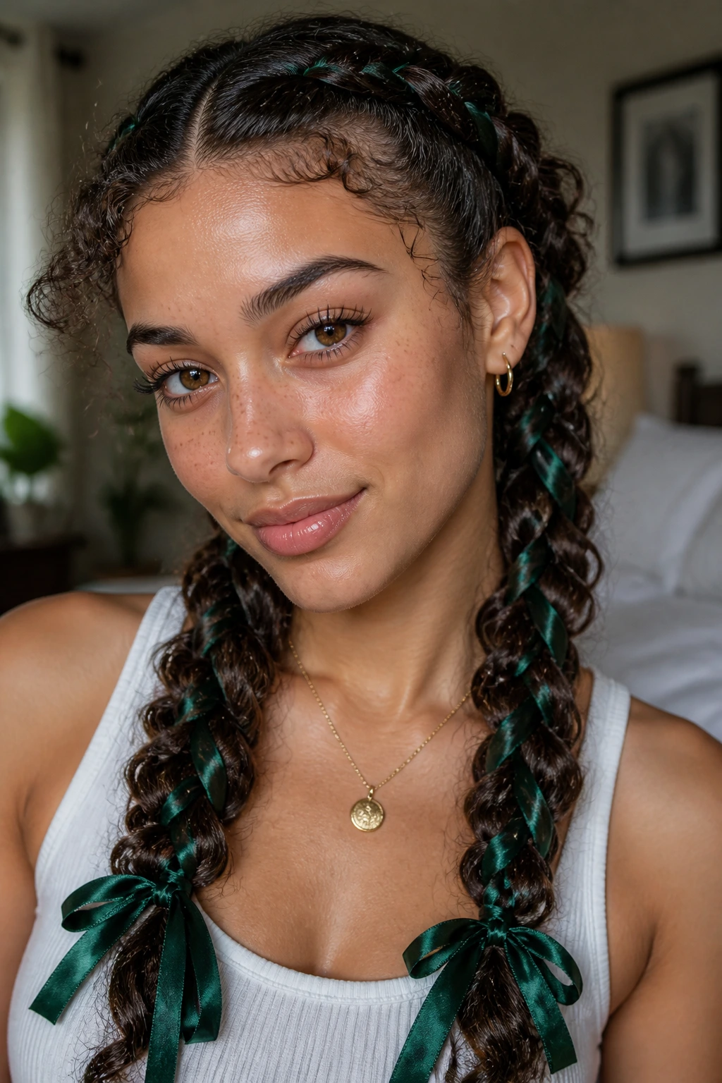 Close-up of real person with double braids woven with silk ribbon
