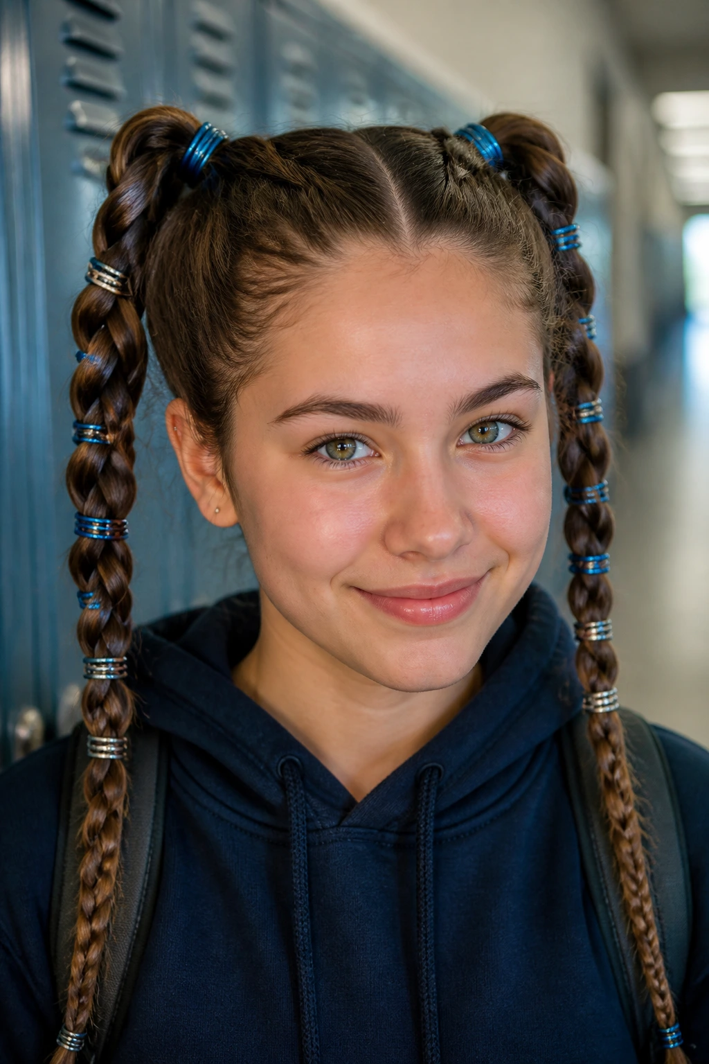 Real student with two high braided pigtails decorated with blue rings in a school hallway
