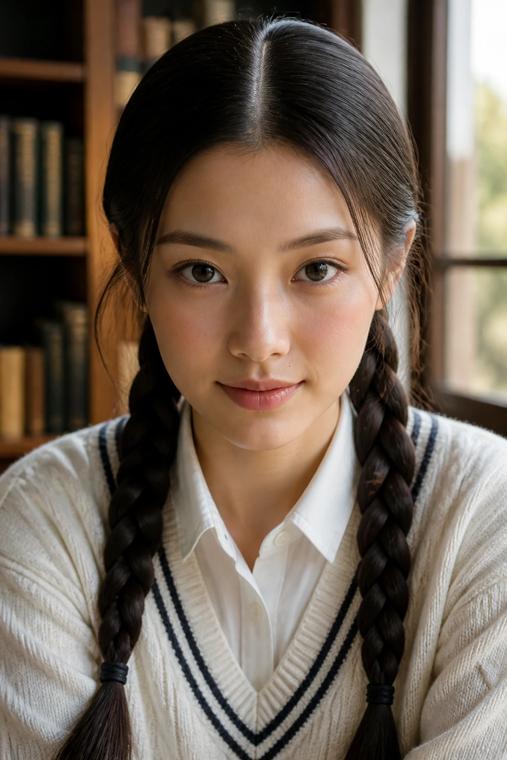 Close-up of real woman with two neat braids starting at the nape