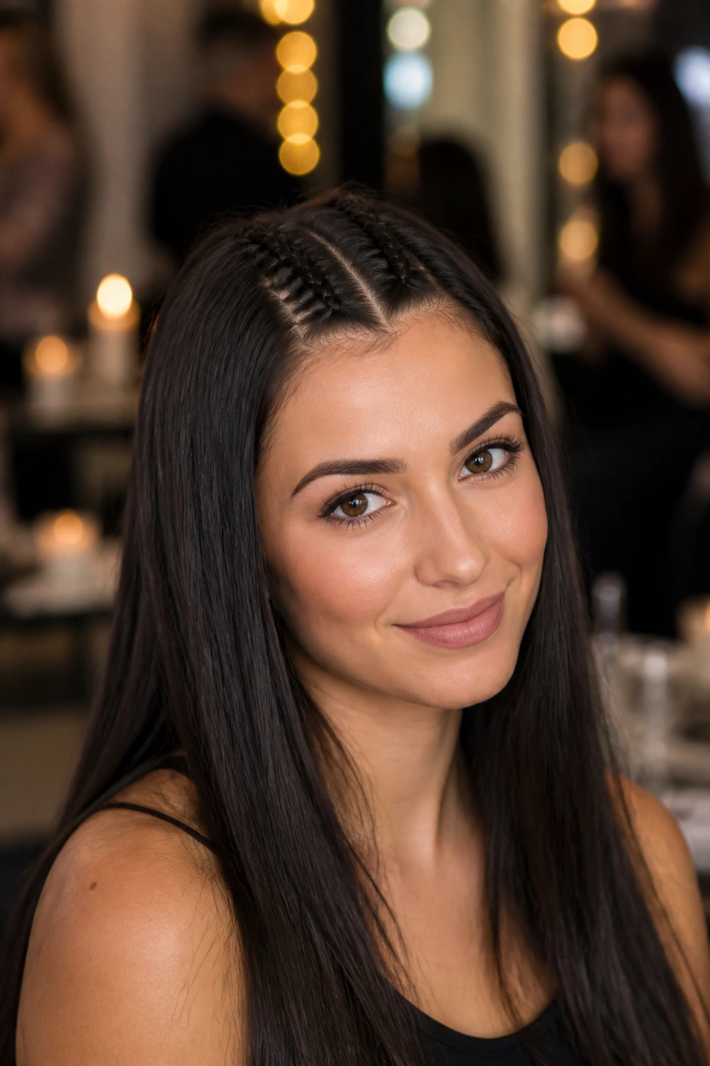 Close-up of two tight front braids on a real person with straight hair