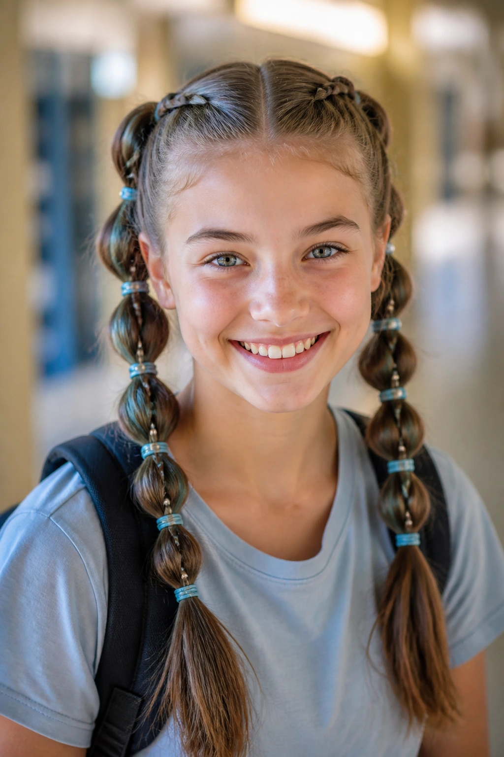 Close-up of real person with double bubble braids