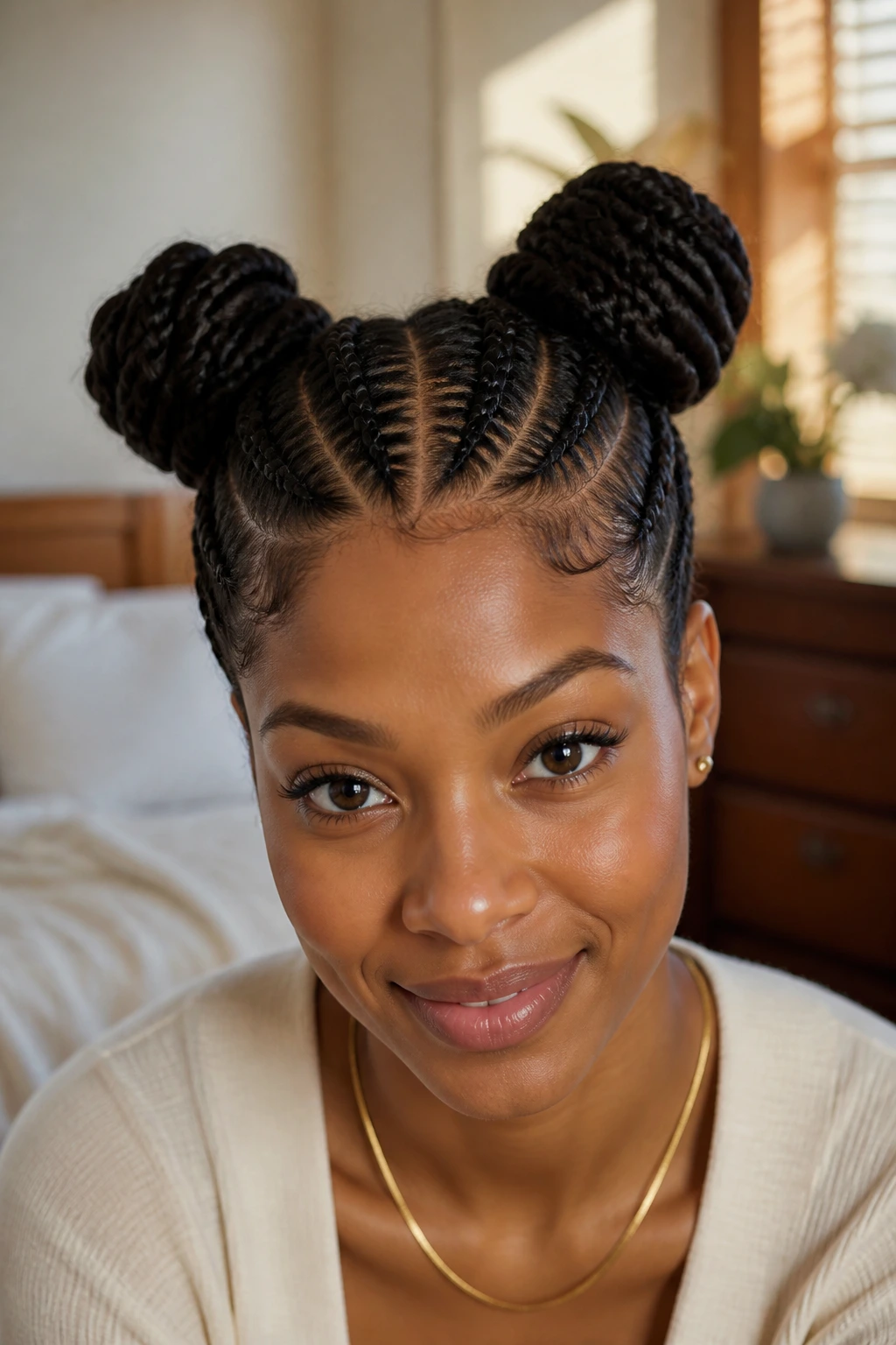 Close-up of double bun braided pigtails on a real person in a cozy bedroom
