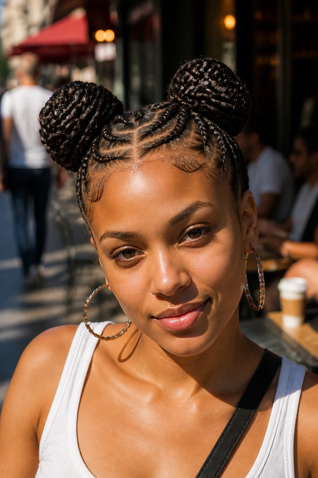Close-up of double-bun cornrows on a real person