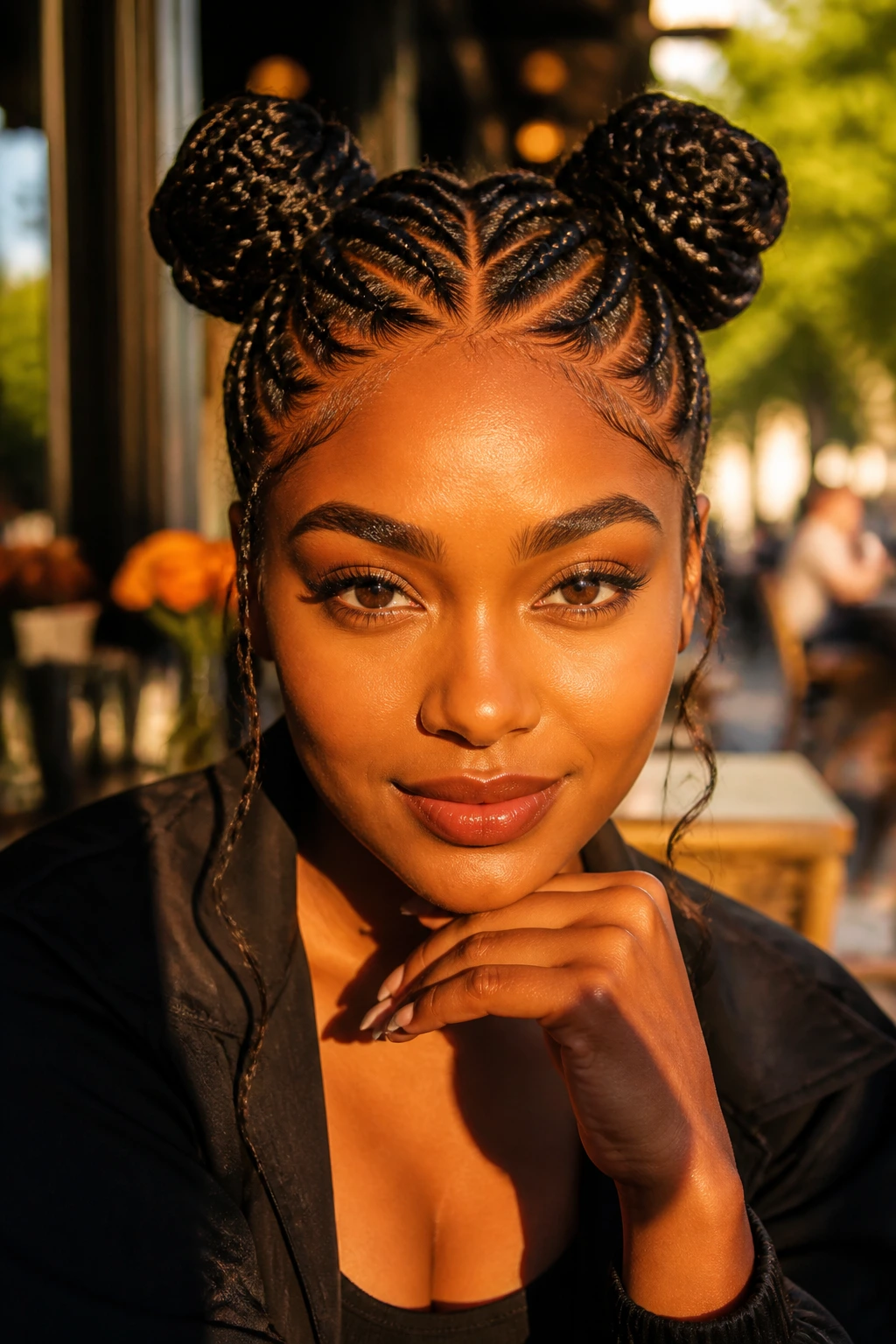 Front-facing close-up of a real person wearing two Ghana braid buns.