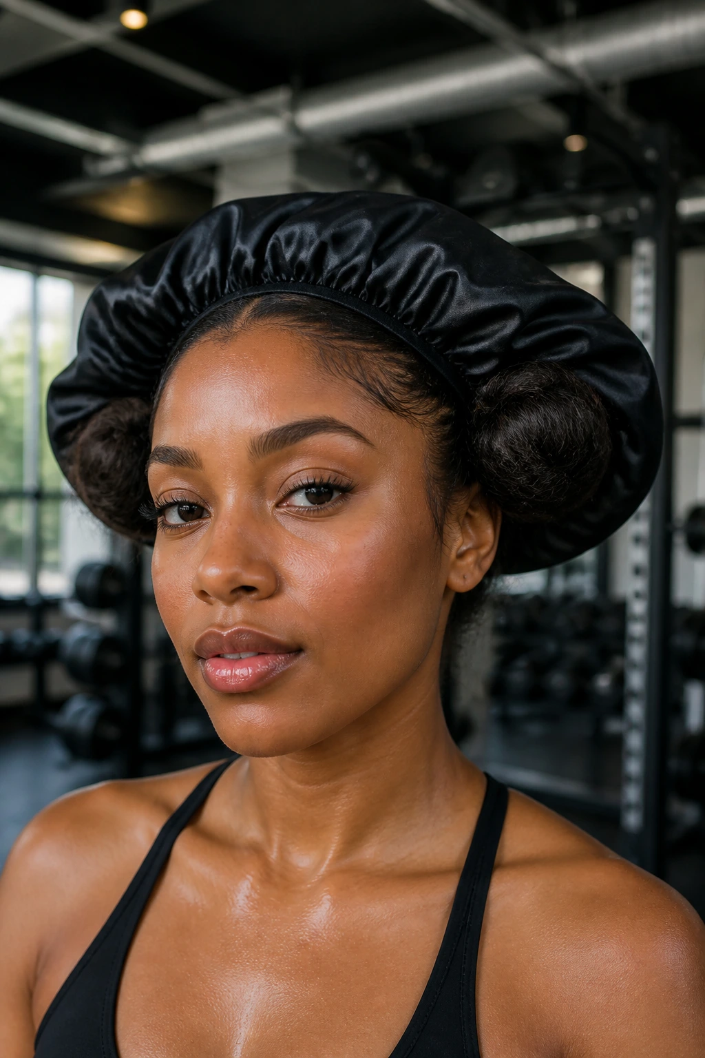 Real woman with two buns under bonnet in gym setting.