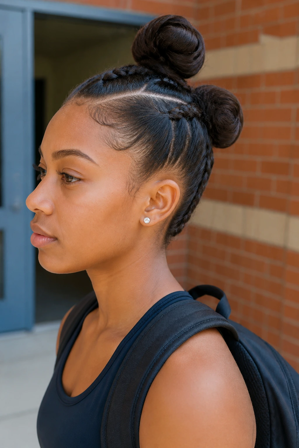 Mid-close portrait of a real person with two vertical buns along the center of the scalp