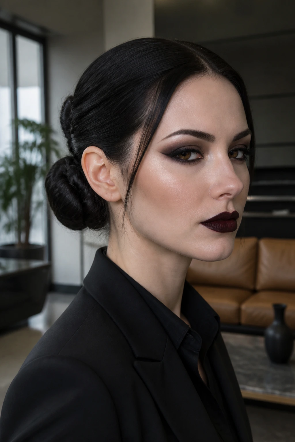 Close-up of a double-bun updo on a real person in an office setting