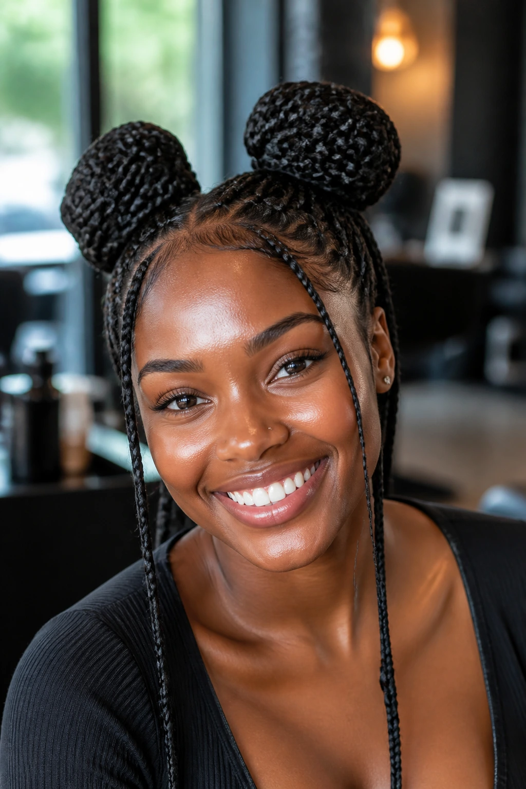 Close-up portrait of a real woman with symmetrical space buns braided hairstyle with face-framing strands