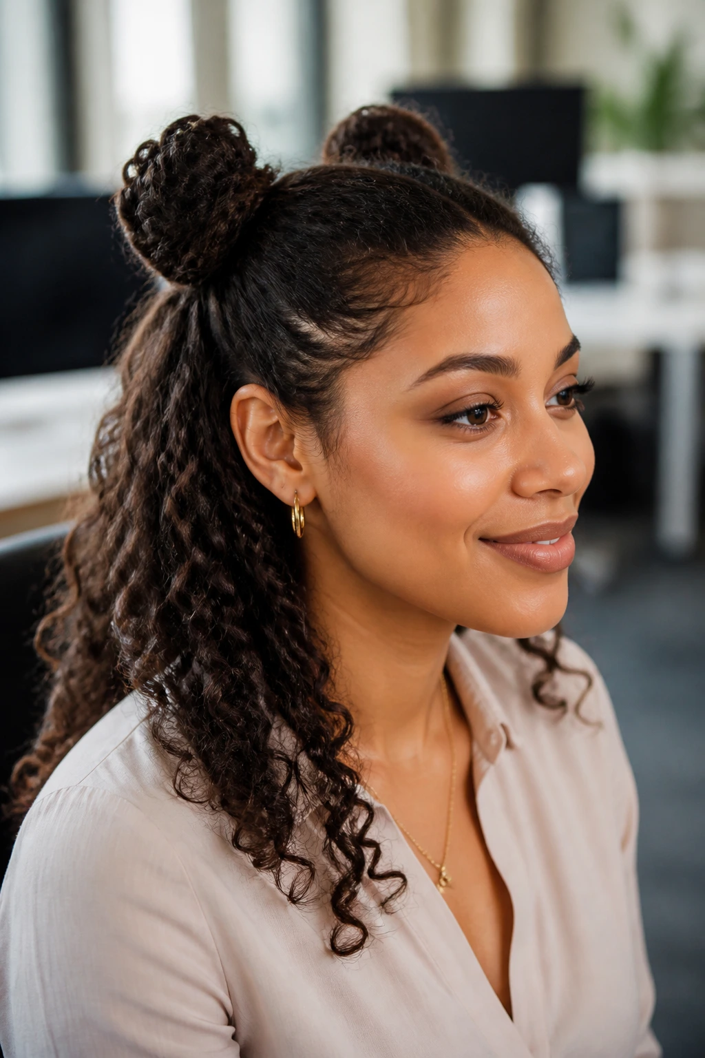 Close-up of a real person with half-down double buns in a professional setting.