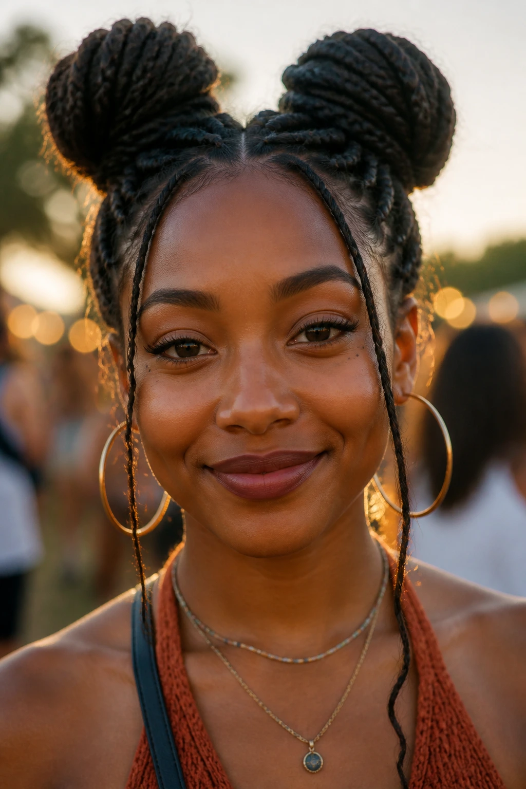 Close-up of a real woman with double space buns and loose strands at an outdoor festival