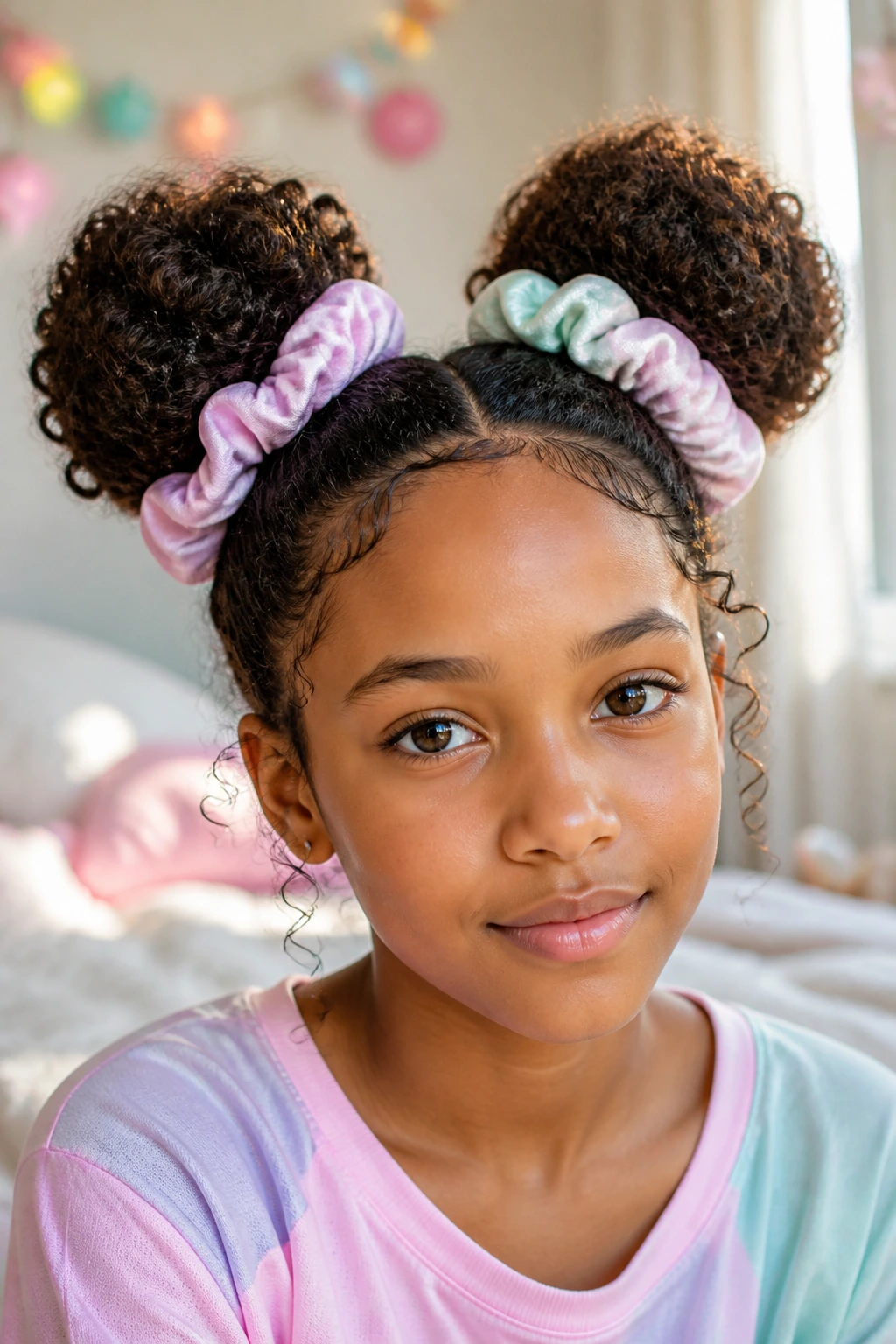 Close-up of a real person with two buns and pastel scrunchie accents