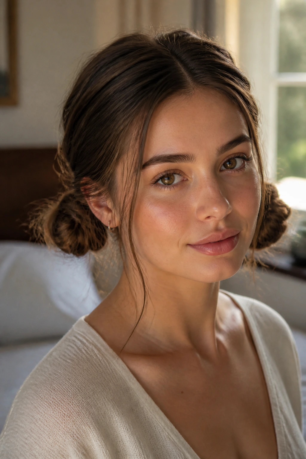 Close-up of a real woman with two low space buns at the base of the skull in warm morning light