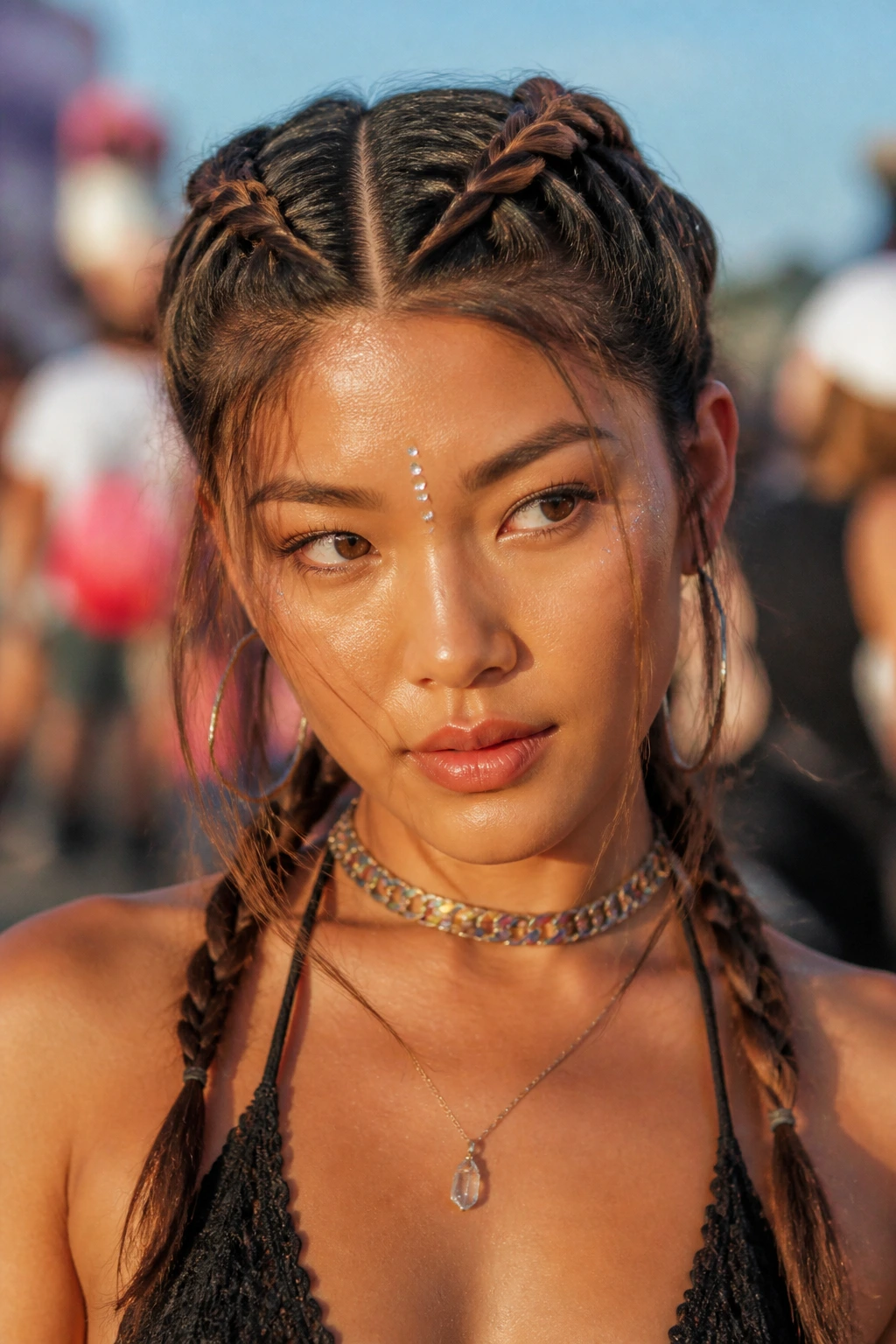 Close-up of two Dutch braids on a real person, festival-ready