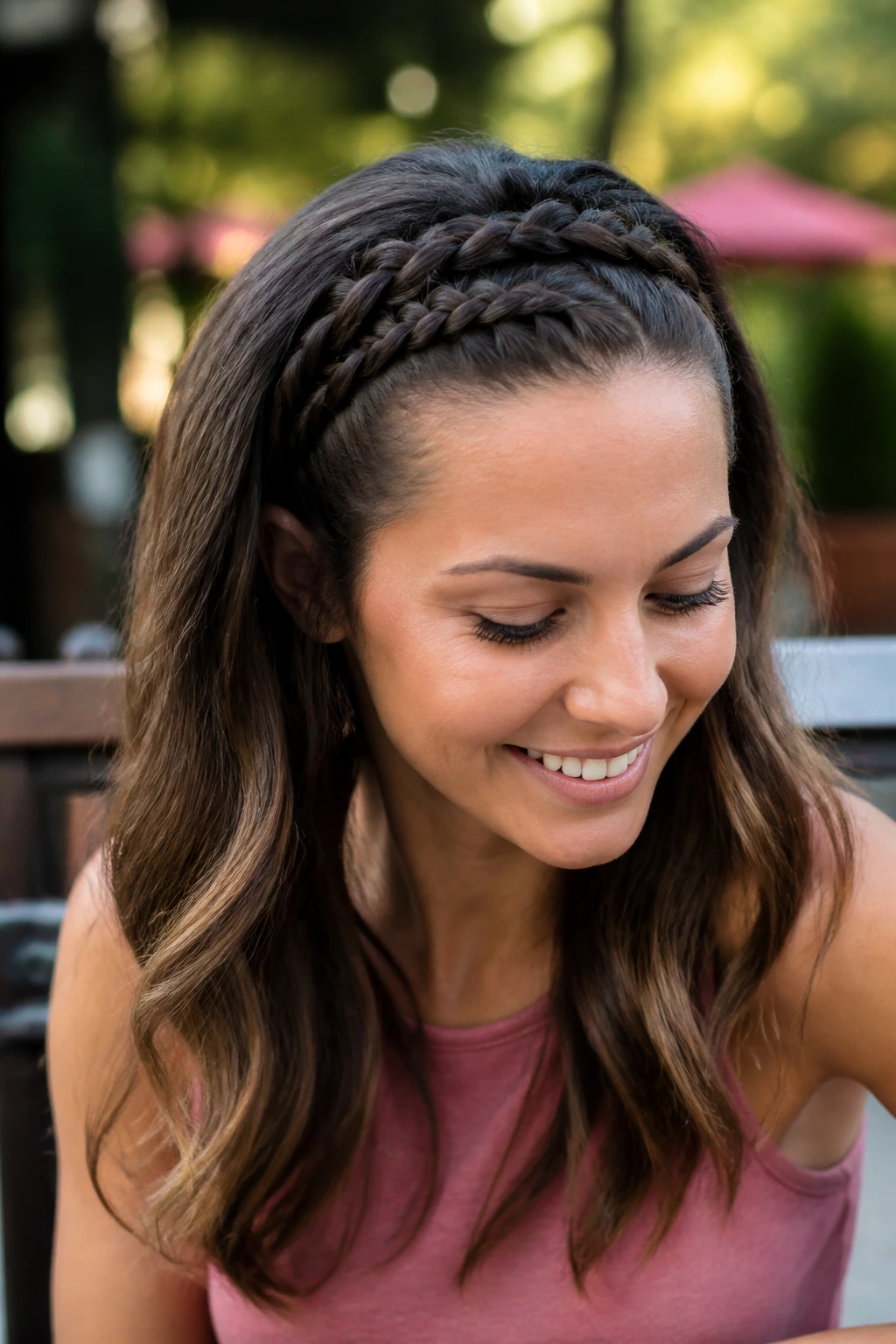 Close-up of two Dutch braids forming a headband behind a real woman's head