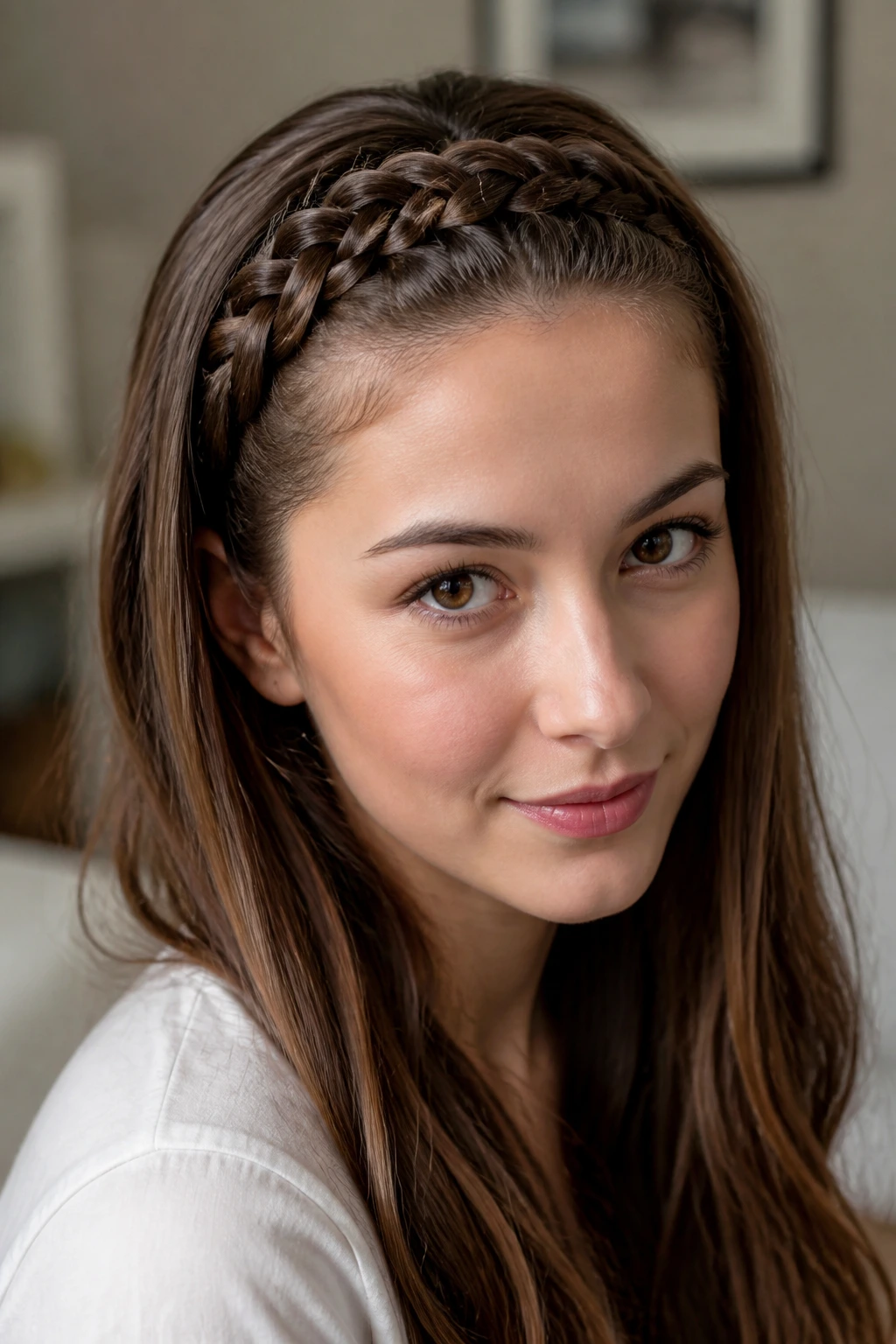 Close-up portrait of a woman wearing a front Dutch braid headband