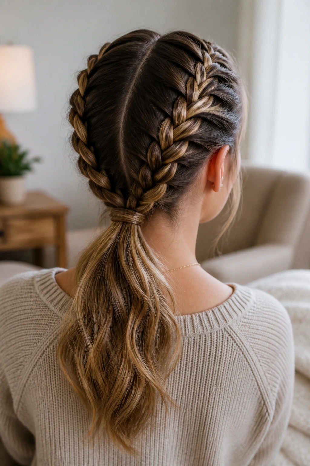 Back view of a woman with two Dutch braids merged into a low ponytail