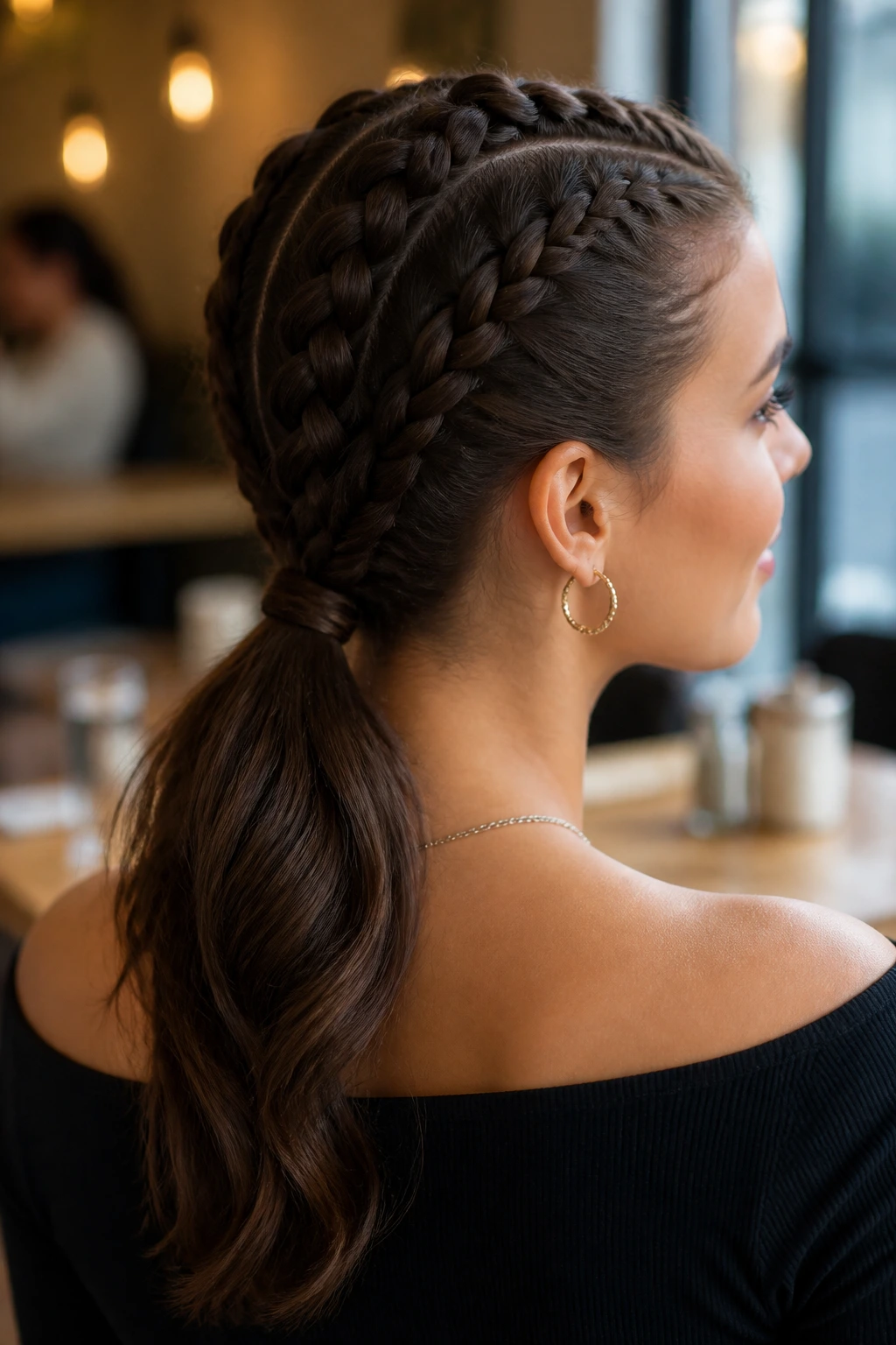 Close-up of a real woman with two Dutch braids feeding into a low ponytail