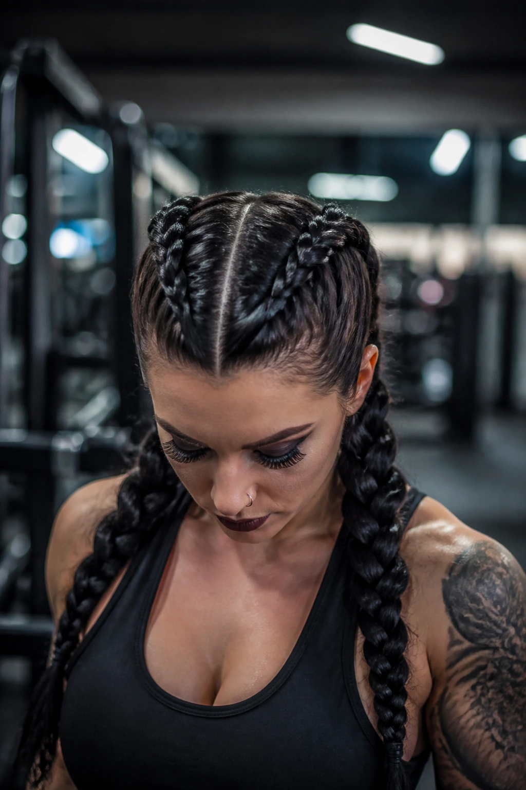 Close-up of double Dutch braids forming pigtails for workout goth look