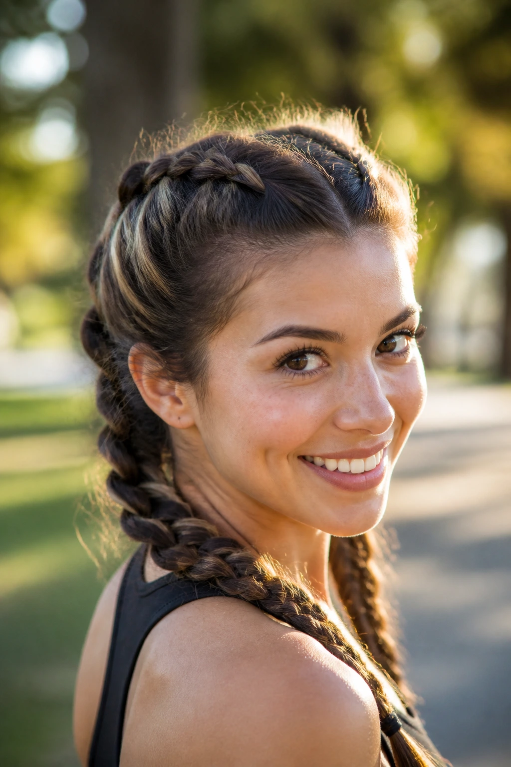 Real woman with double Dutch braided pigtails.