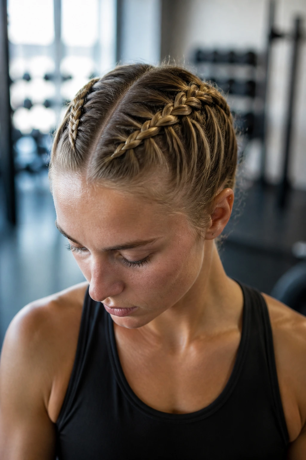 Close-up of a real athlete with two Dutch braids on top