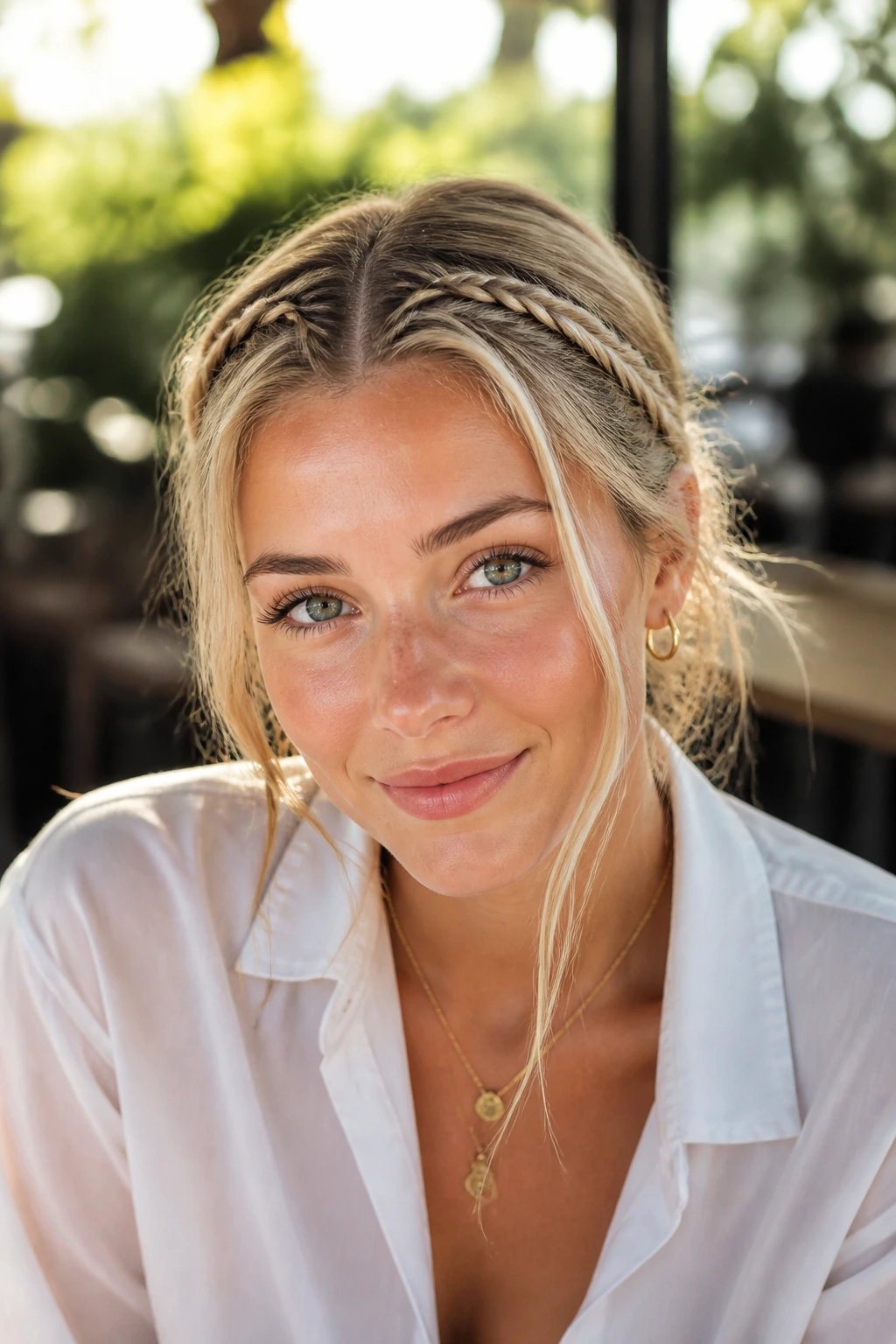 Close-up of a real blonde woman with two small Dutch braids along the hairline