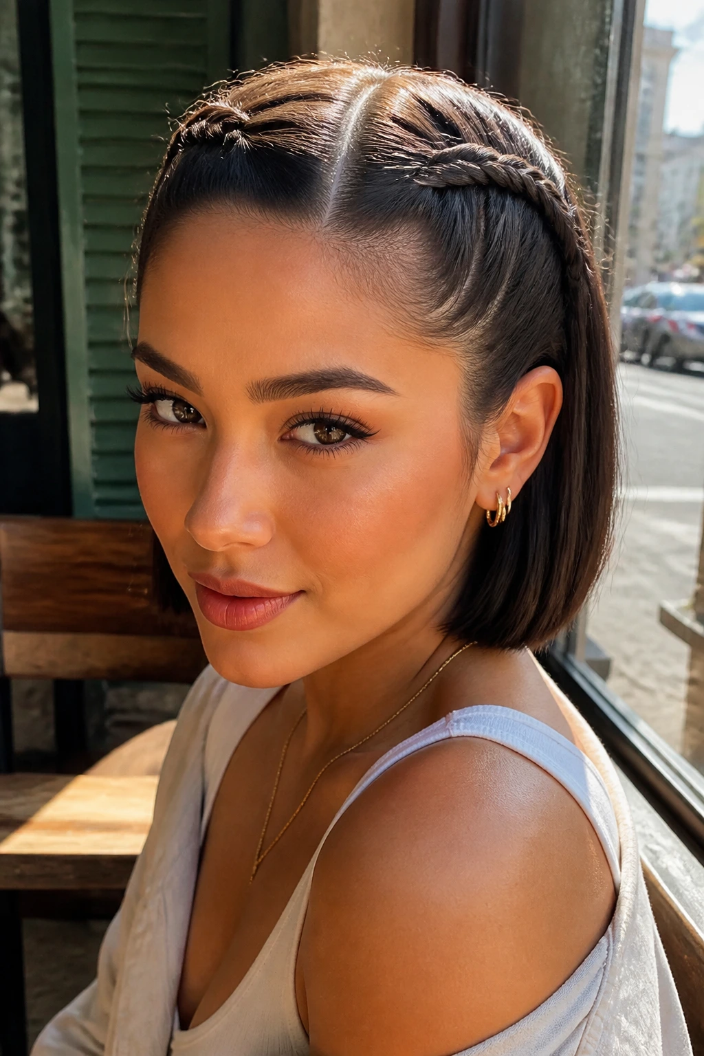 Close-up of a real woman's head with double Dutch braids on a blunt bob under warm cafe window light