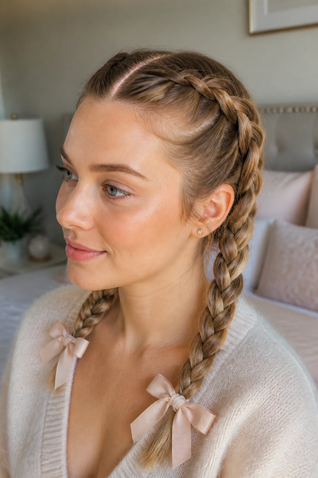 Portrait of a woman with two Dutch braids ending in ribbon bows.